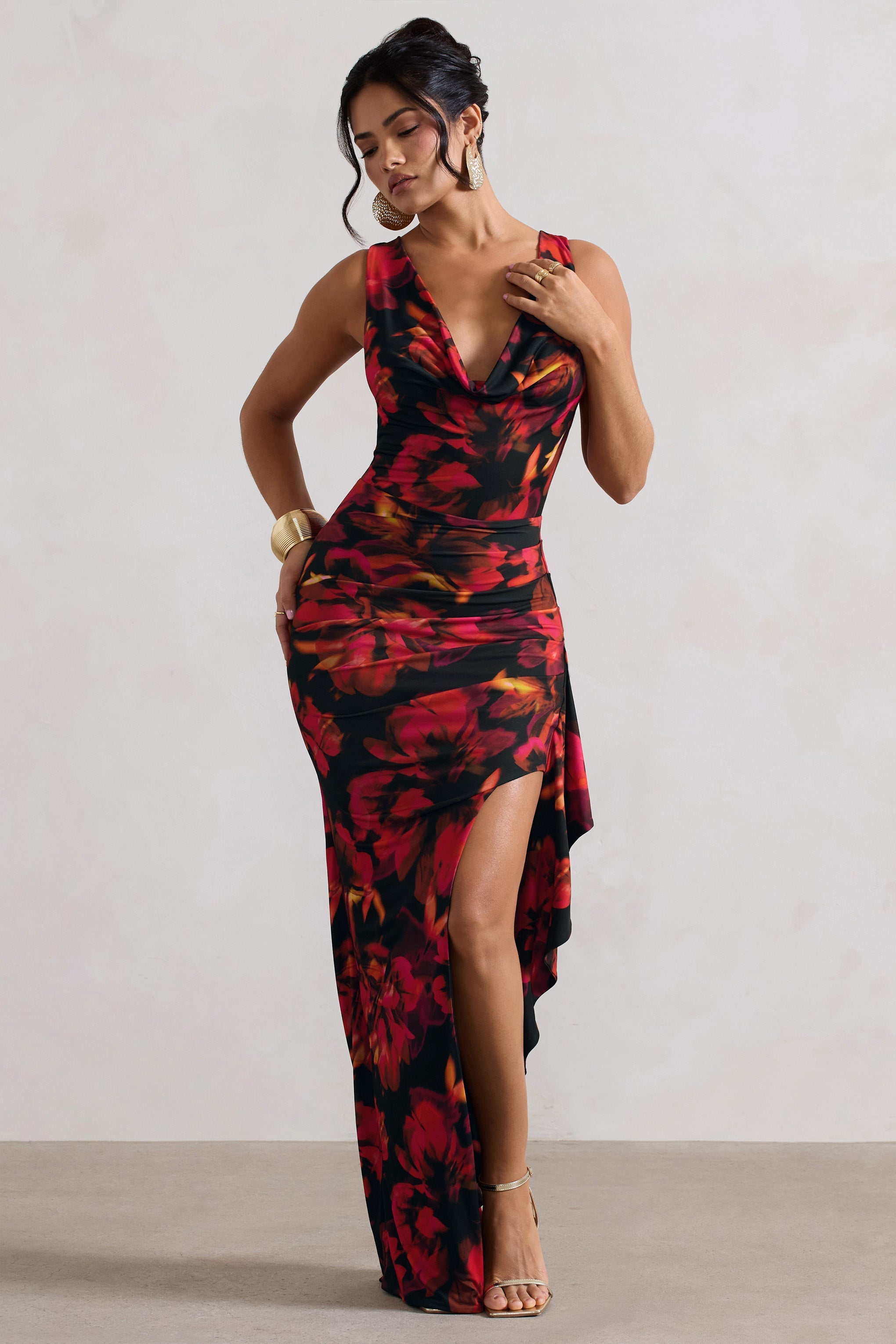 Kaida Red Floral Print Cowl-Neck Ruffled Split Maxi Dress