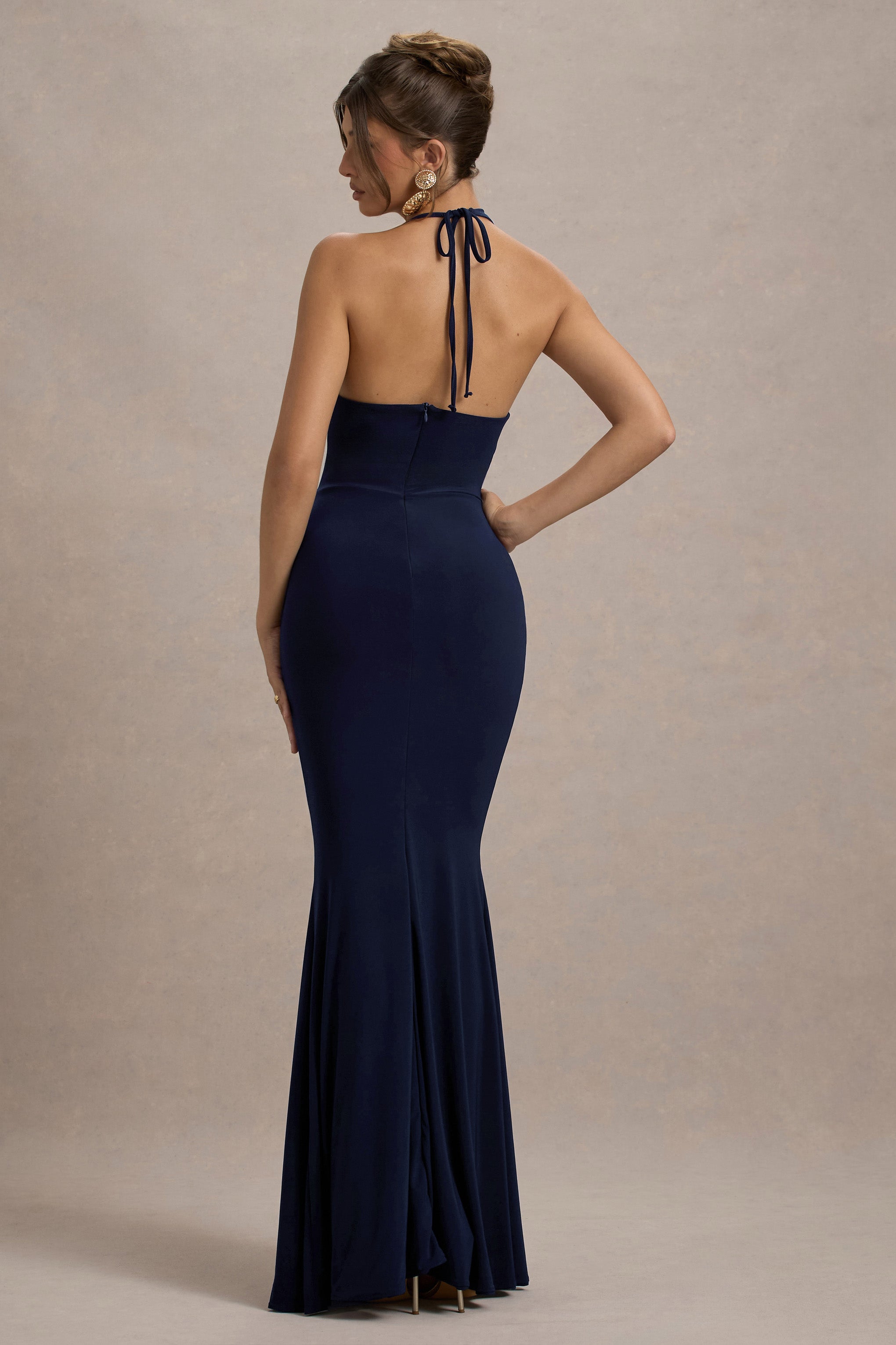 Lucena Navy Cowl-Neck Wrap Maxi Dress With Floral Drape