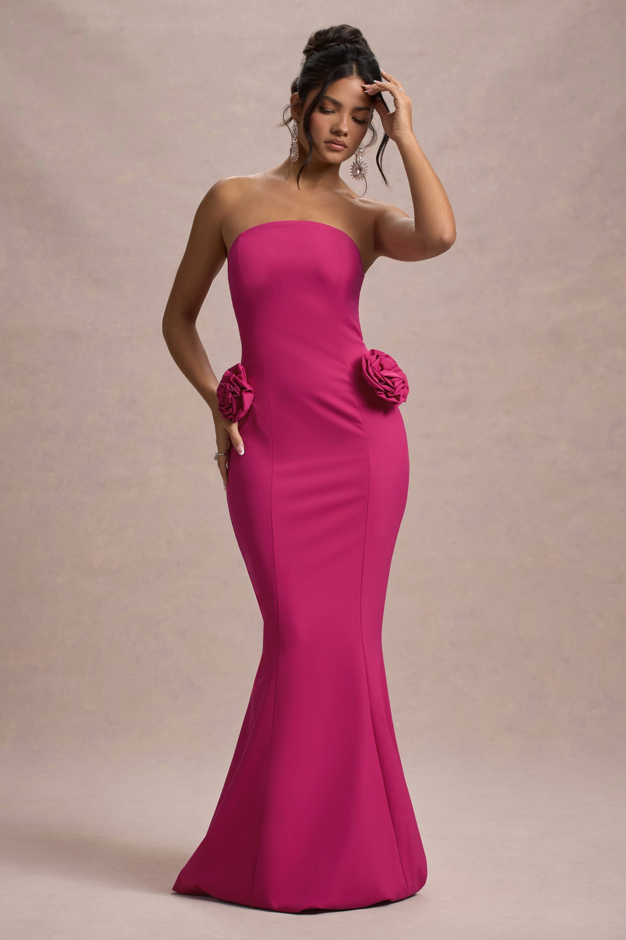 Best Of The Best Dark Pink Strapless Fishtail Maxi Dress With Corsages