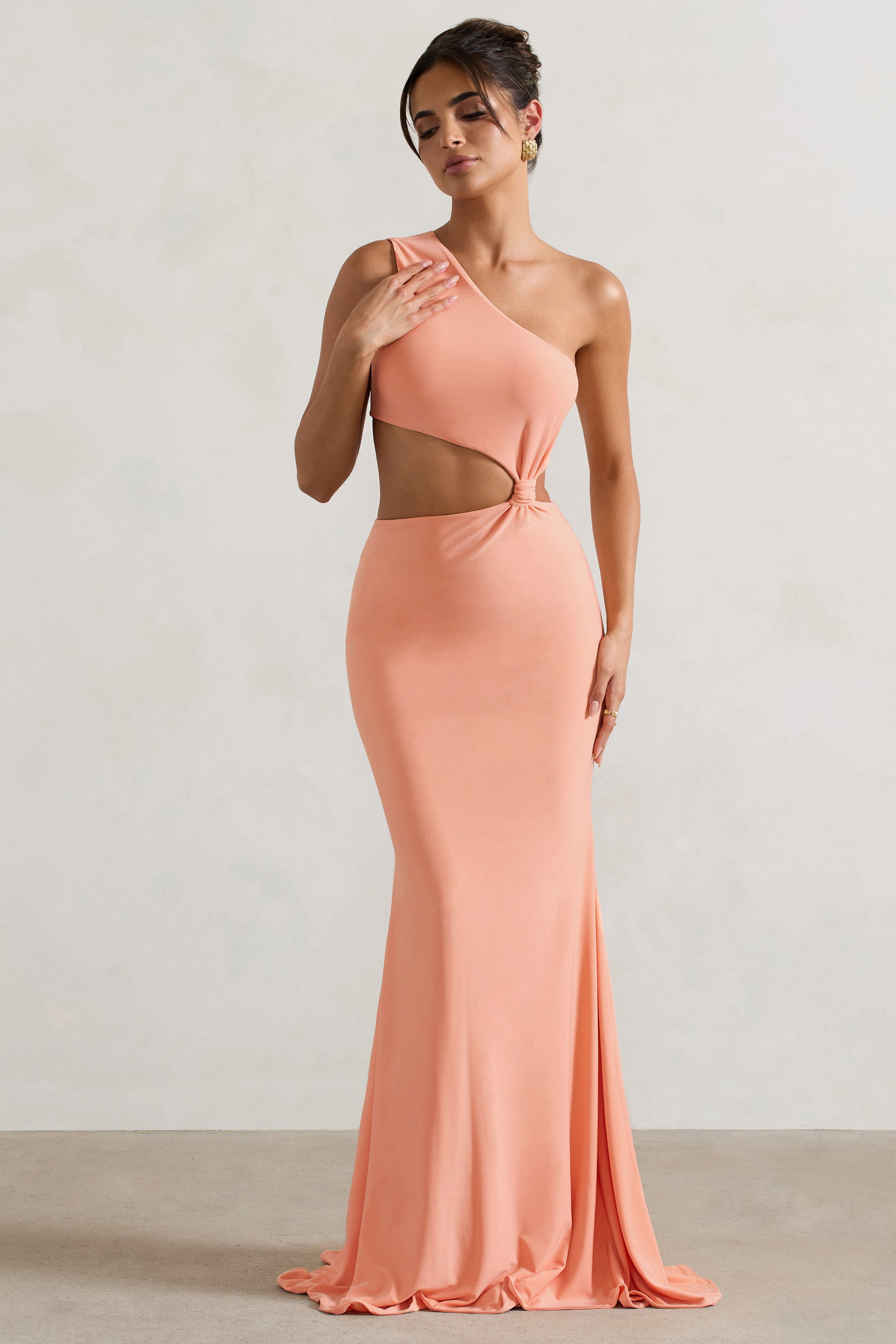 Aspyn Coral Asymmetric Twisted Cut-Out Fishtail Maxi Dress