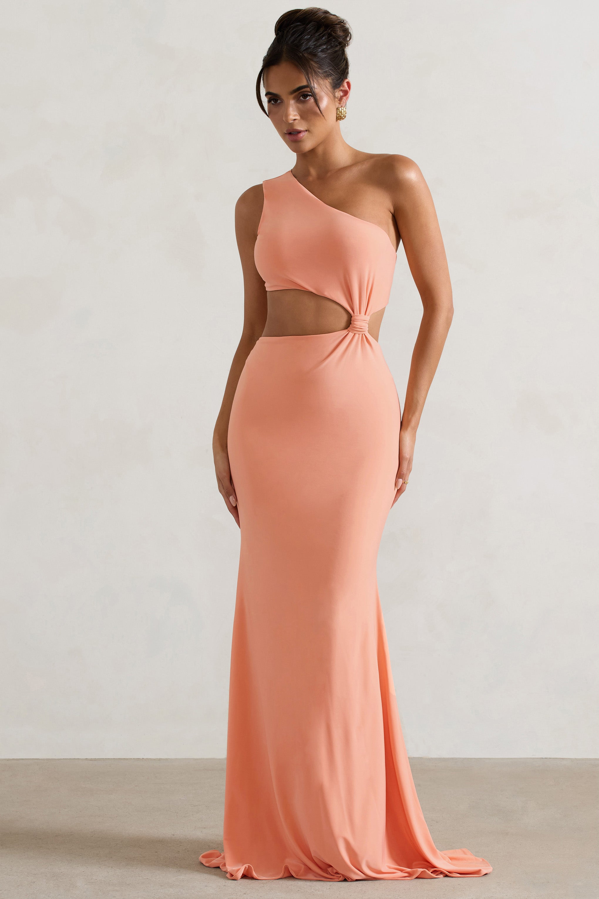 Aspyn Coral Asymmetric Twisted Cut-Out Fishtail Maxi Dress