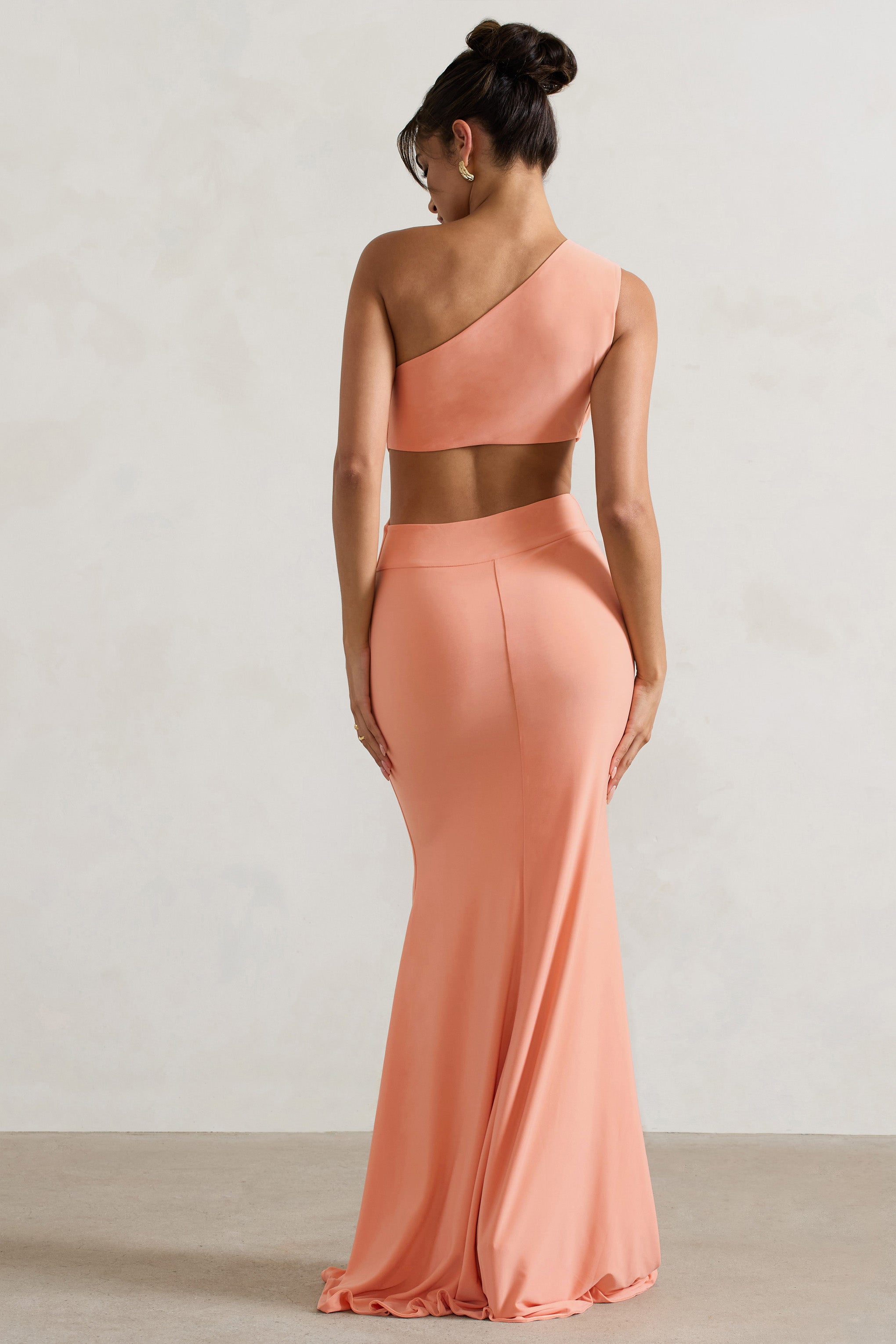 Aspyn Coral Asymmetric Twisted Cut-Out Fishtail Maxi Dress
