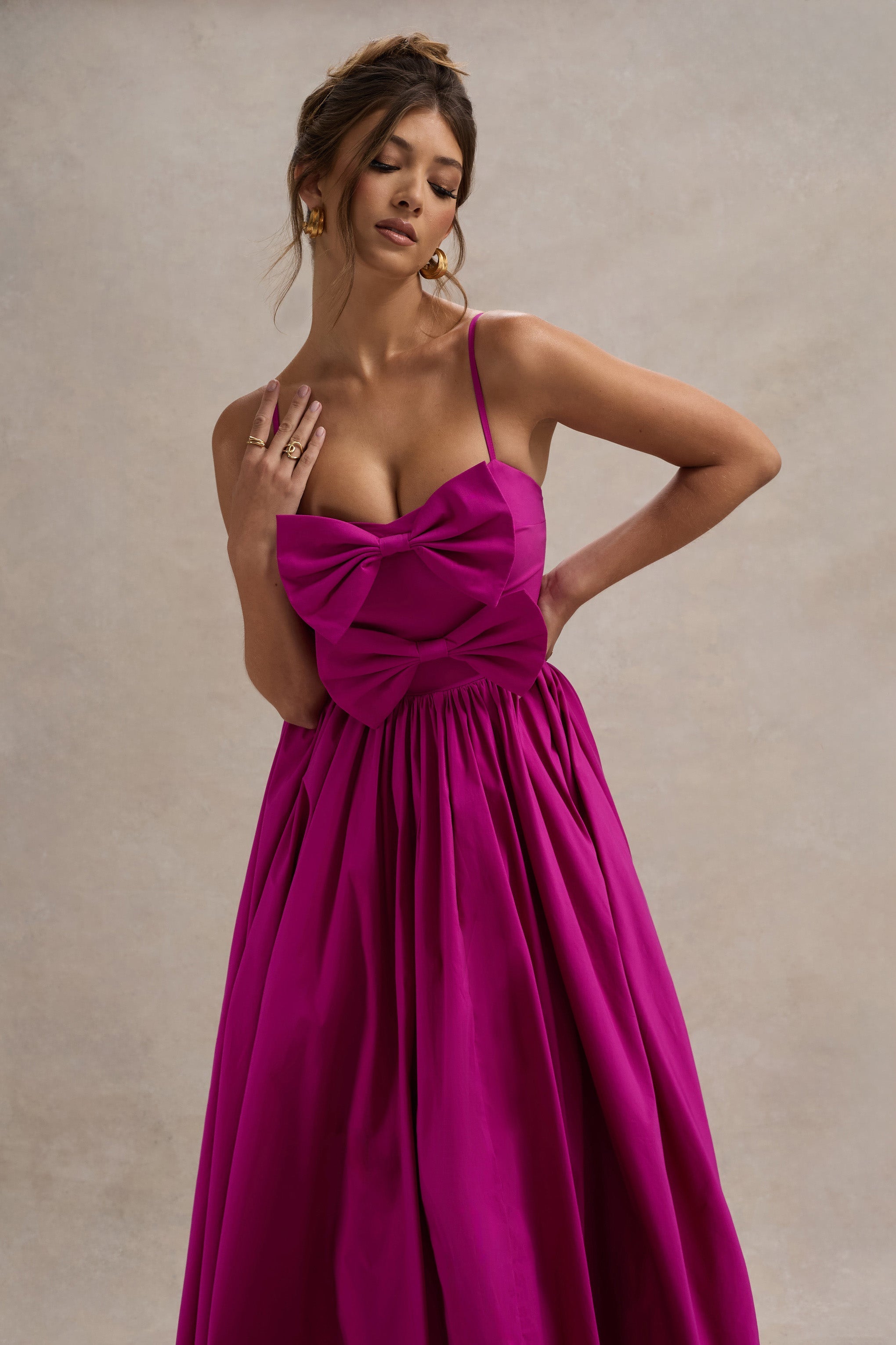 Loved Up Fuschia Pink Strappy Pleated Maxi Dress With Bows