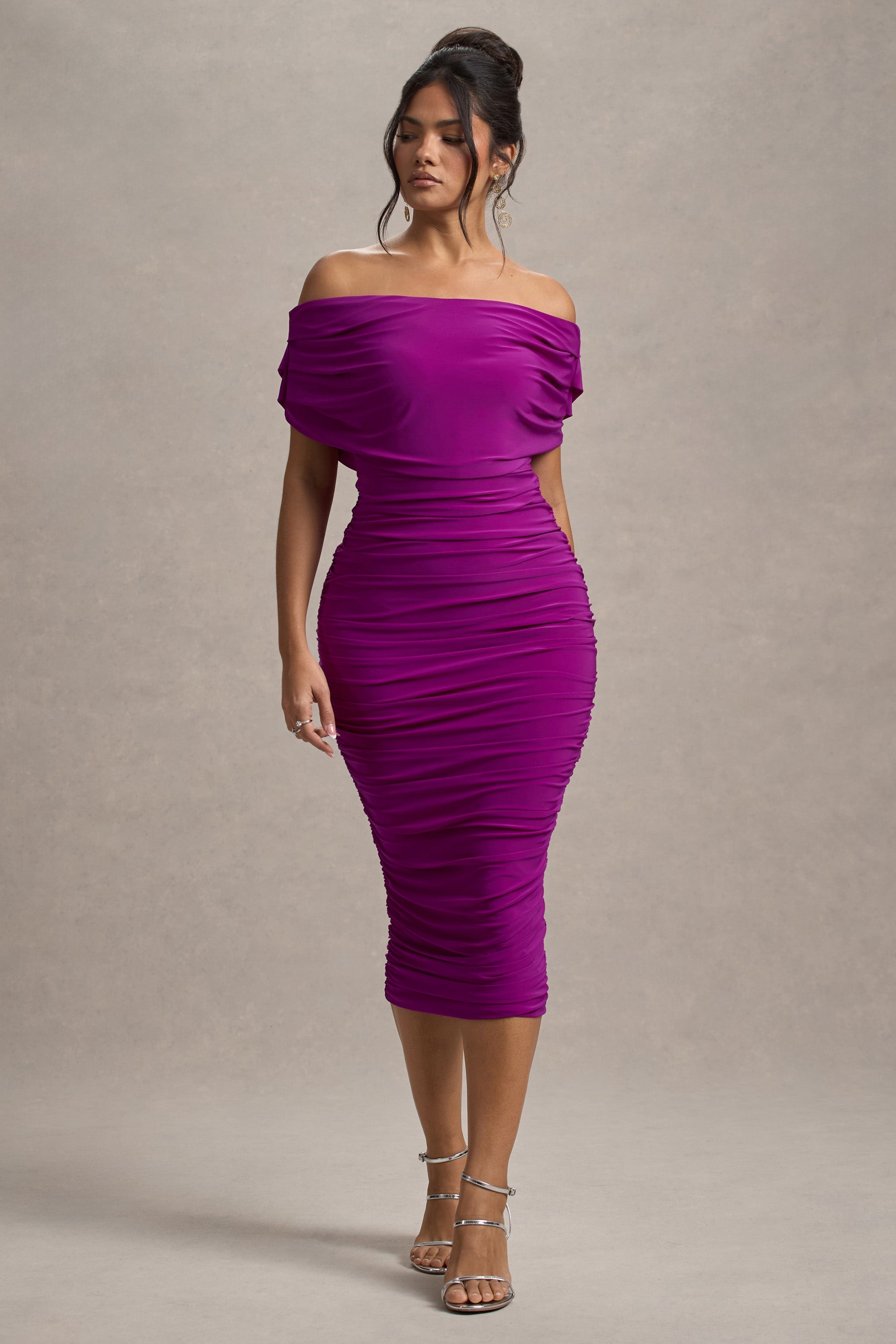 Rayleigh Dark Pink Bardot Ruched Midi Dress