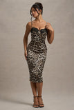Soprano Leopard Print Satin Sweetheart Lace Trim Midi Dress