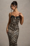 Soprano Leopard Print Satin Sweetheart Lace Trim Midi Dress