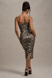 Soprano Leopard Print Satin Sweetheart Lace Trim Midi Dress