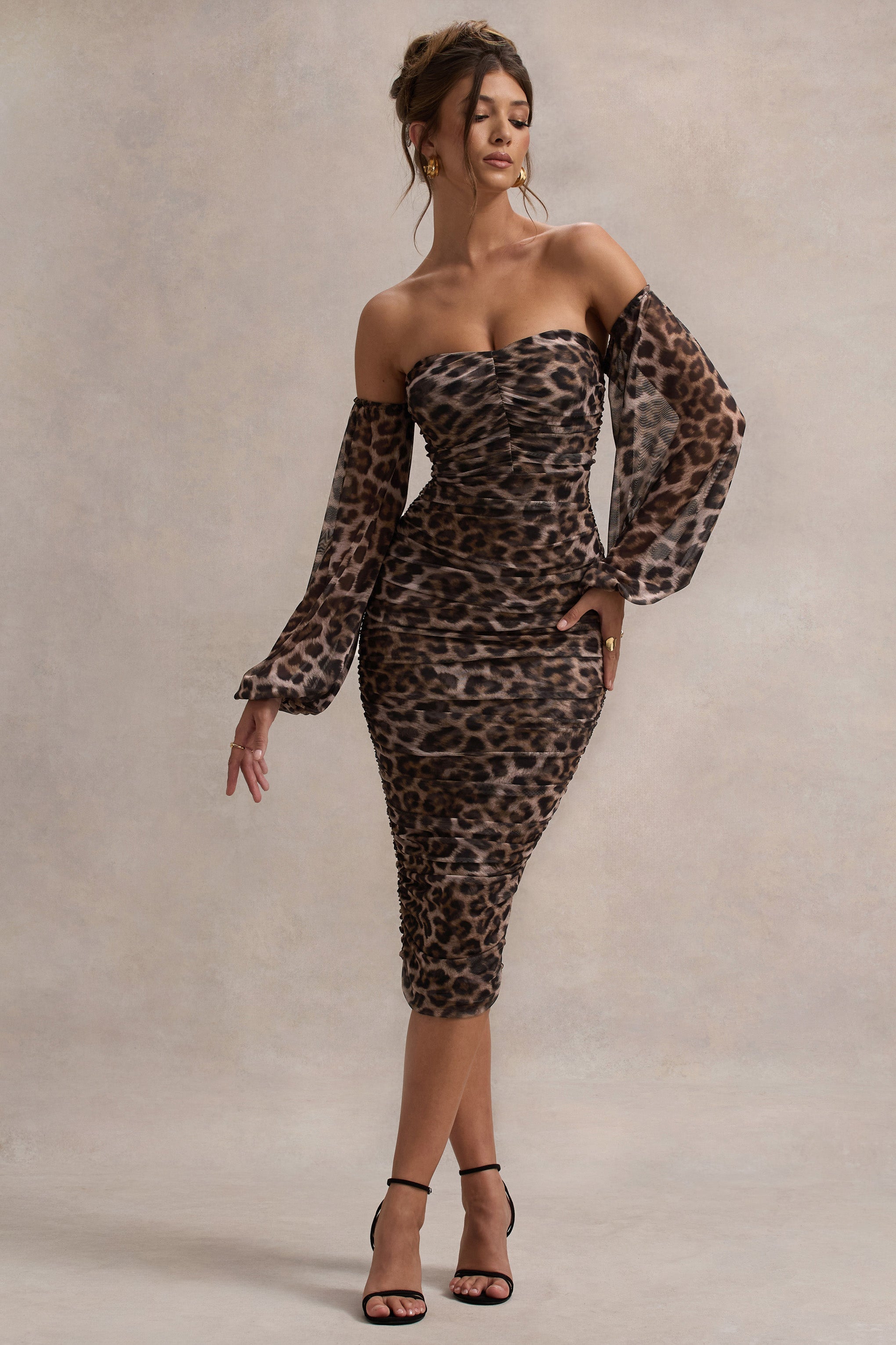 Rica Leopard Print Bardot Puff-Sleeve Midi Dress