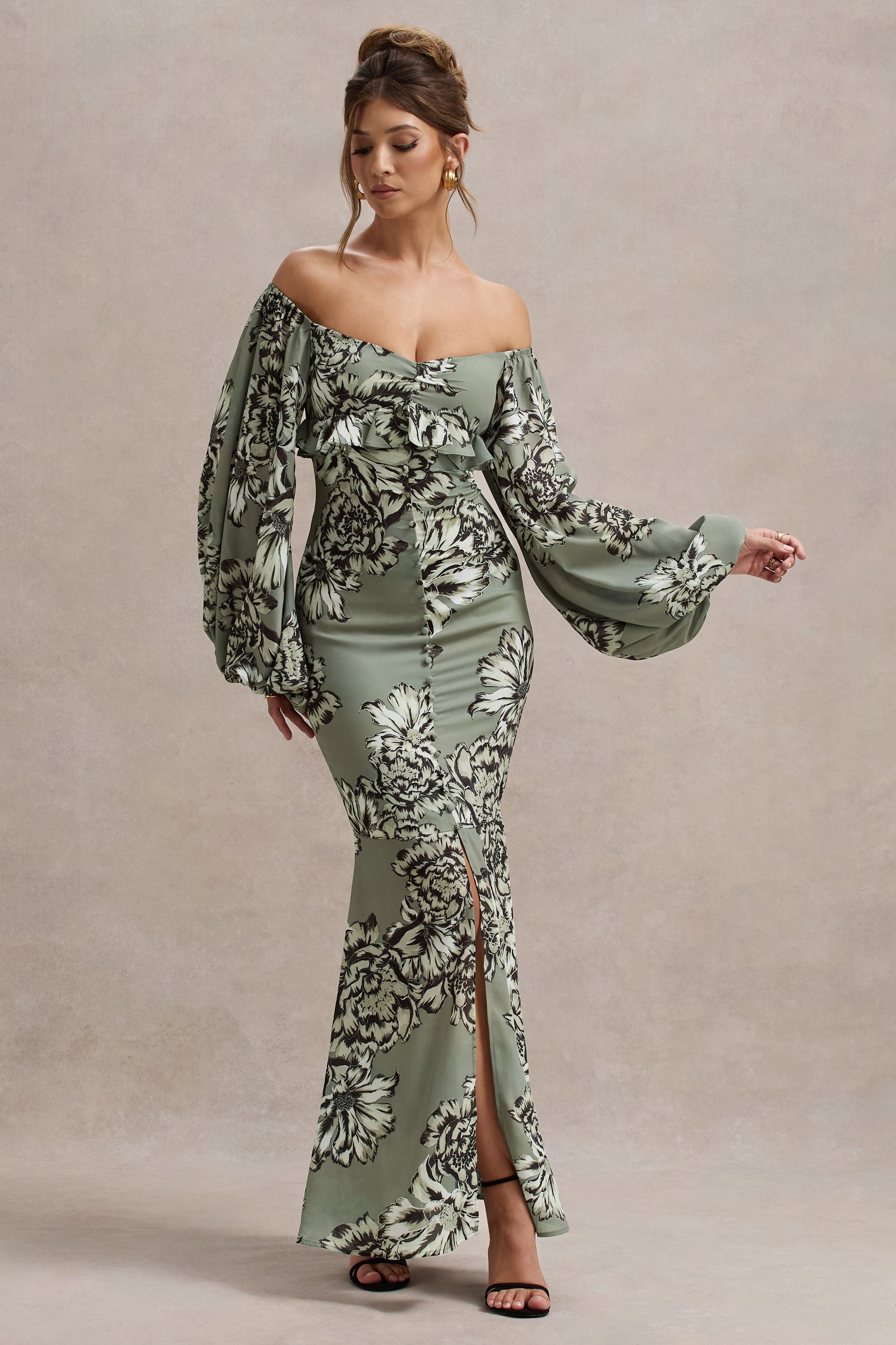 Murcia Olive Floral Print Chiffon Puff-Sleeve Button Maxi Dress