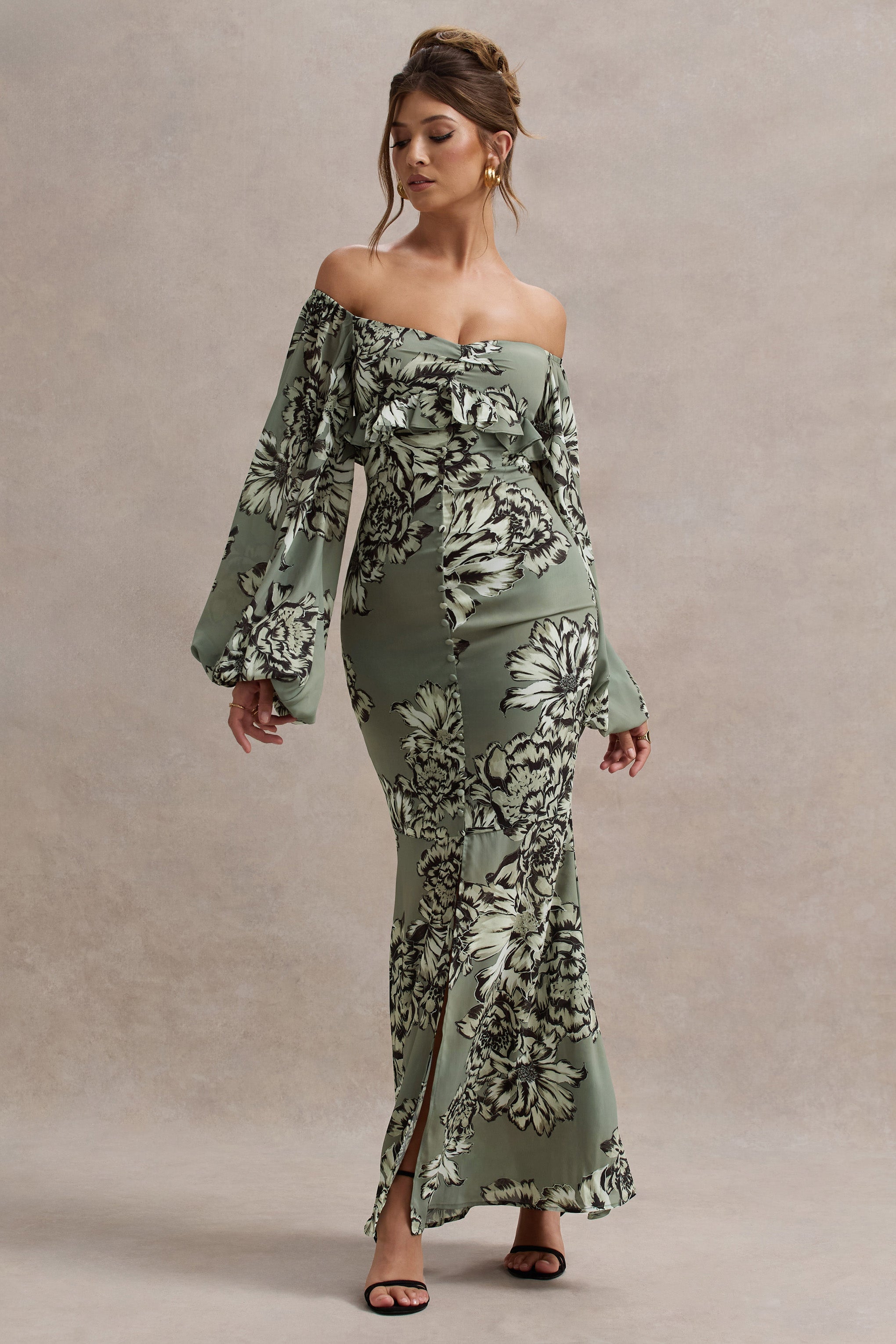 Murcia Olive Floral Print Chiffon Puff-Sleeve Button Maxi Dress