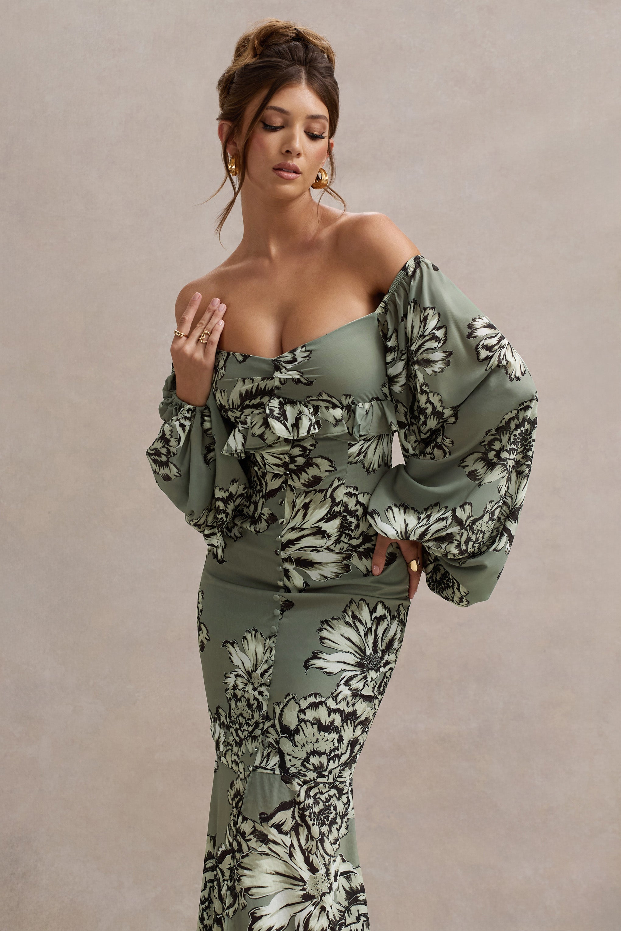 Murcia Olive Floral Print Chiffon Puff-Sleeve Button Maxi Dress