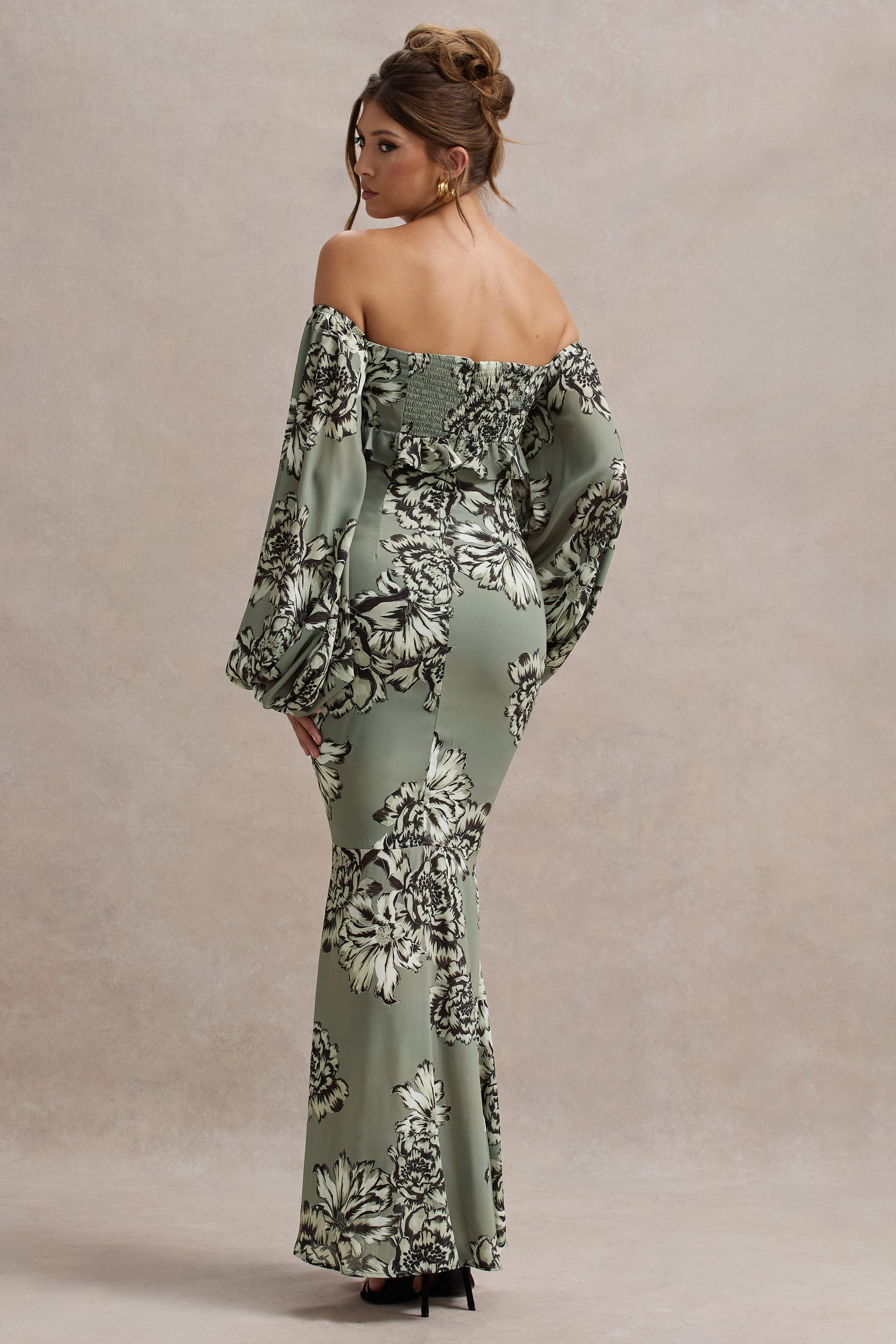 Murcia Olive Floral Print Chiffon Puff-Sleeve Button Maxi Dress