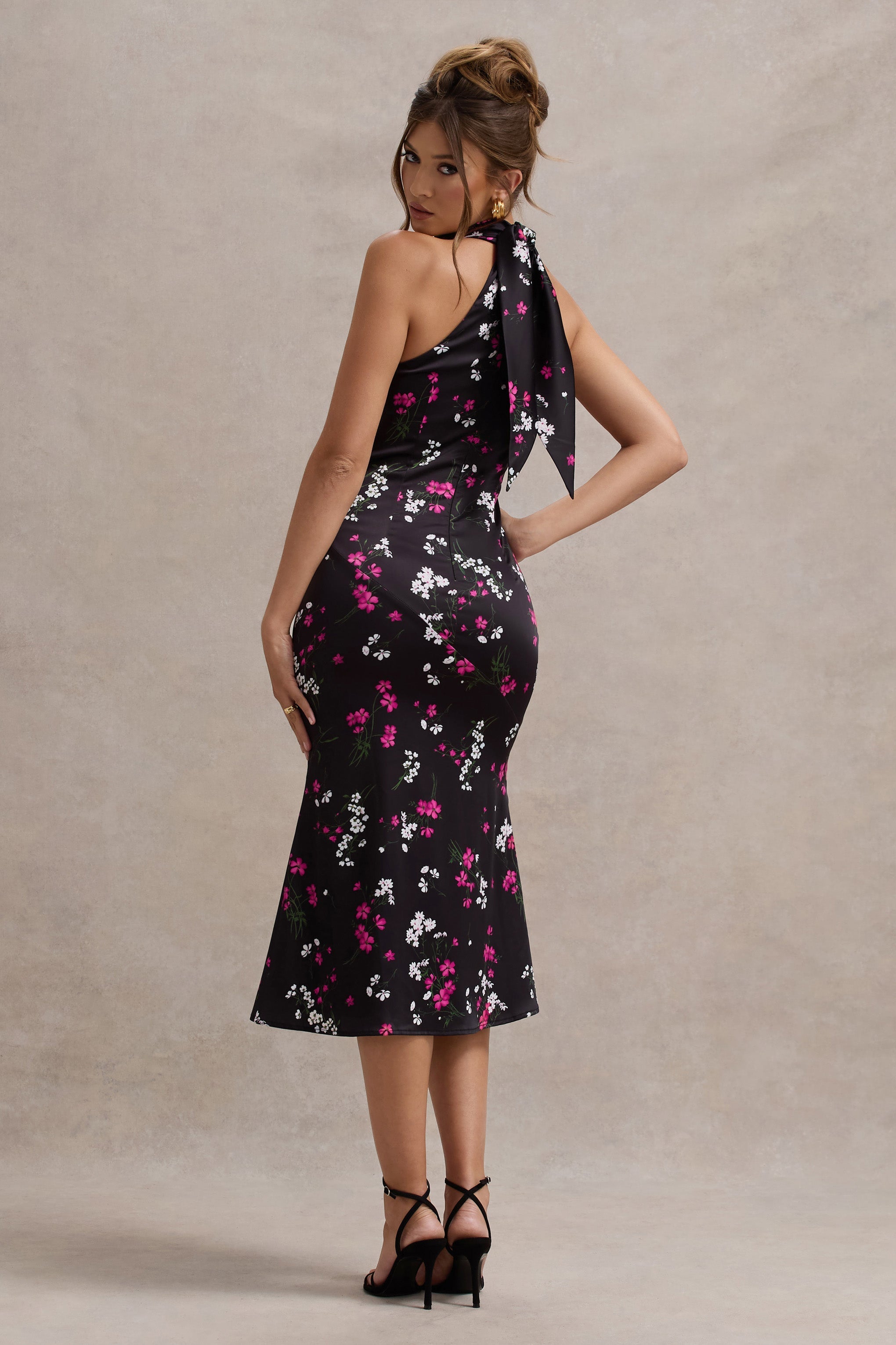 Violette Black Ditsy Floral Print Satin High-Neck Split Midi Dress