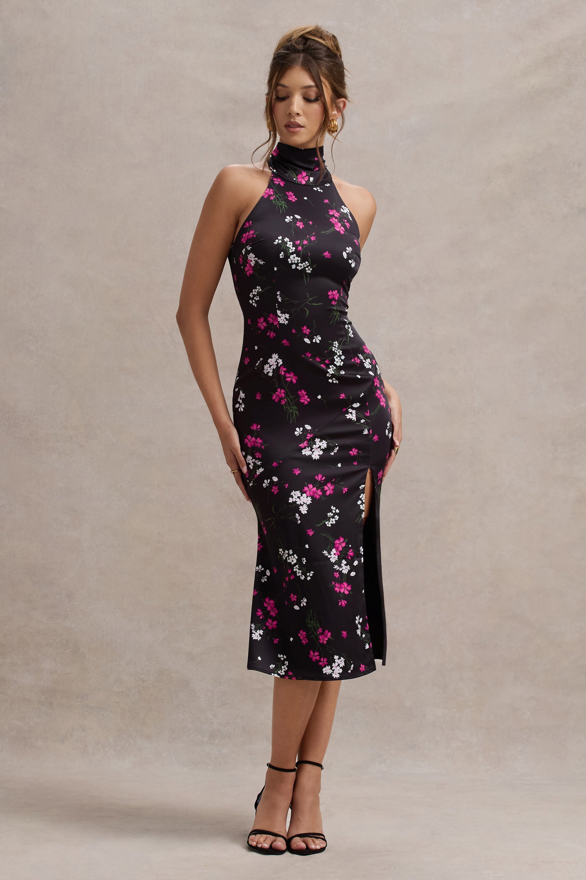 Violette Black Ditsy Floral Print Satin High-Neck Split Midi Dress