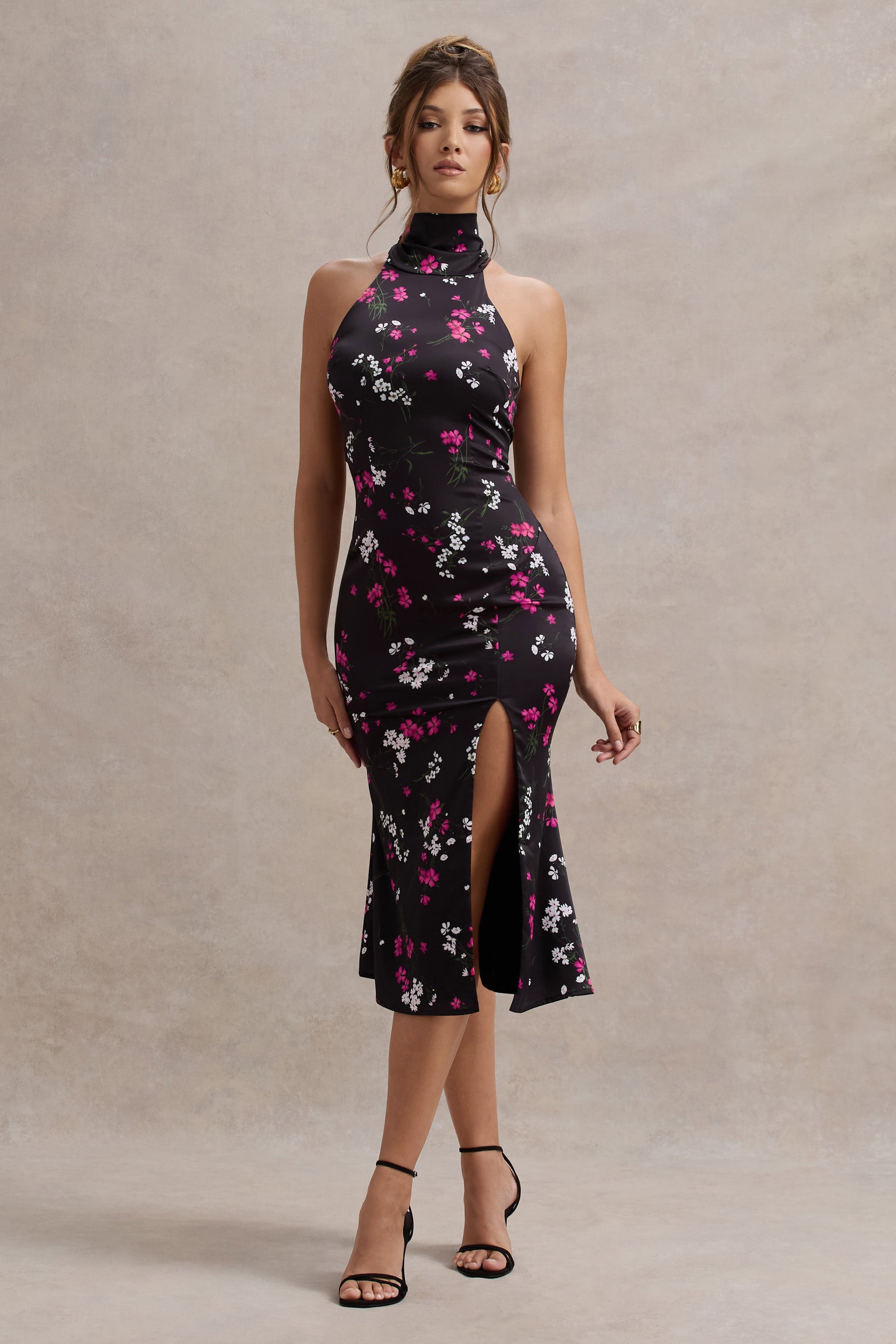 Violette Black Ditsy Floral Print Satin High-Neck Split Midi Dress