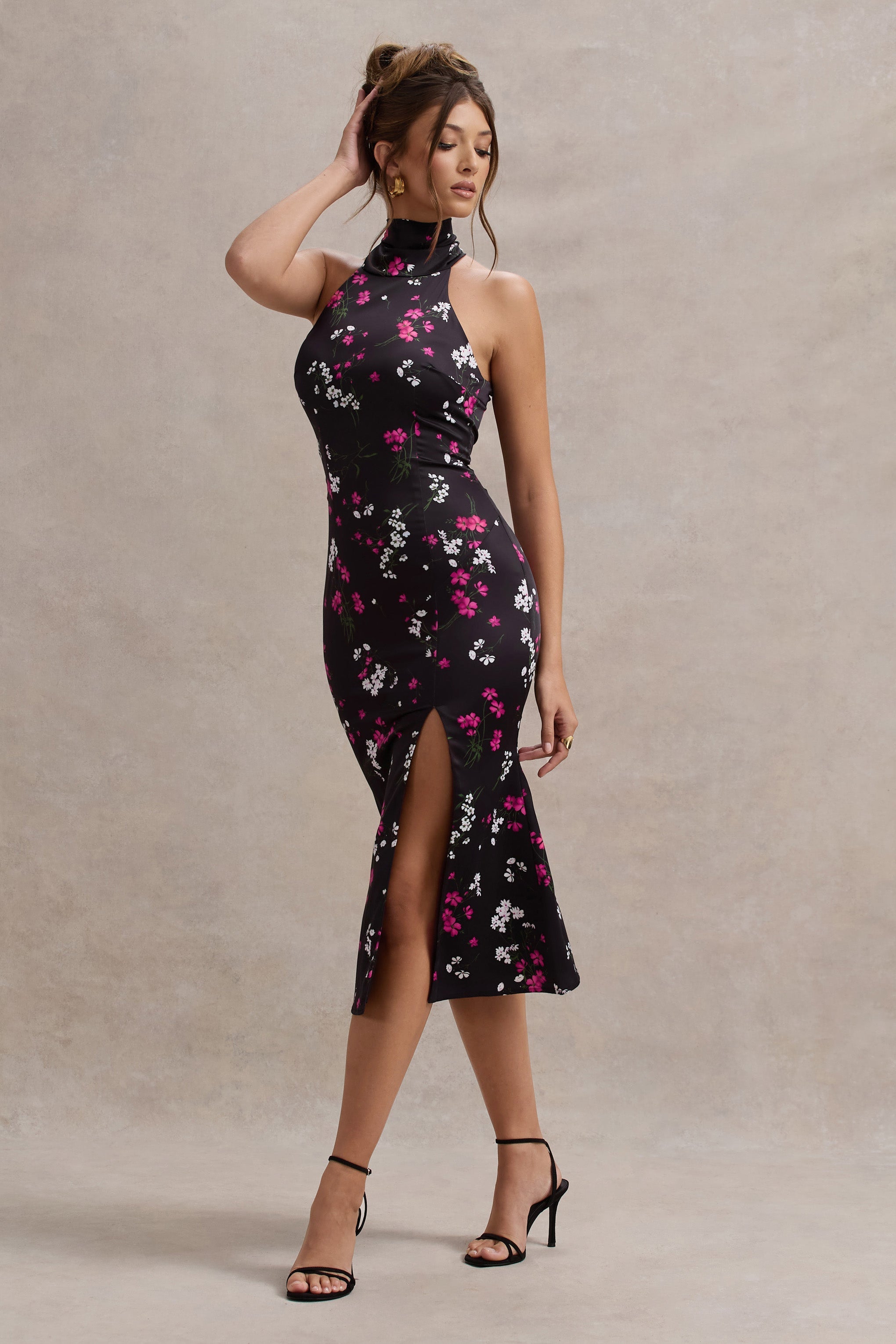 Violette Black Ditsy Floral Print Satin High-Neck Split Midi Dress