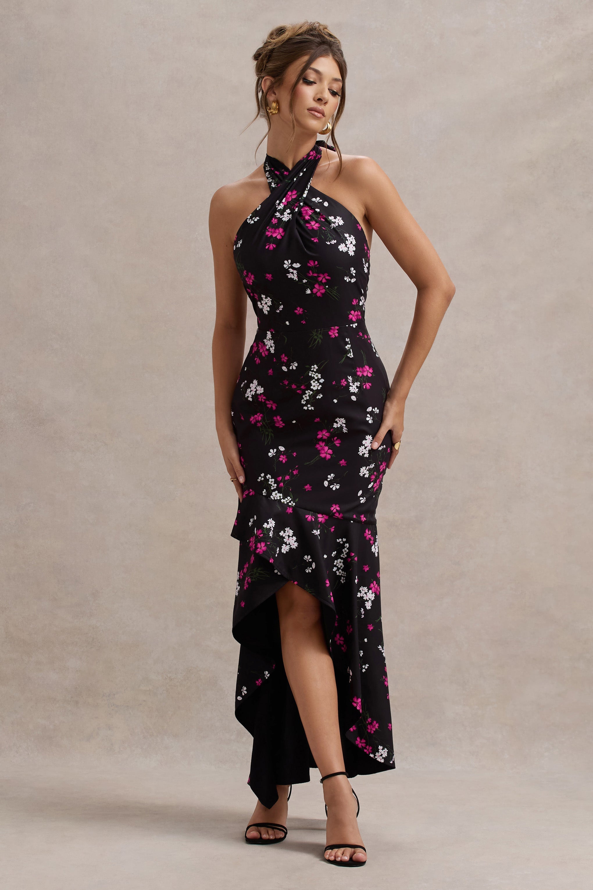 Melodia Black Ditsy Floral Print Satin Halter-Neck Ruffled Maxi Dress