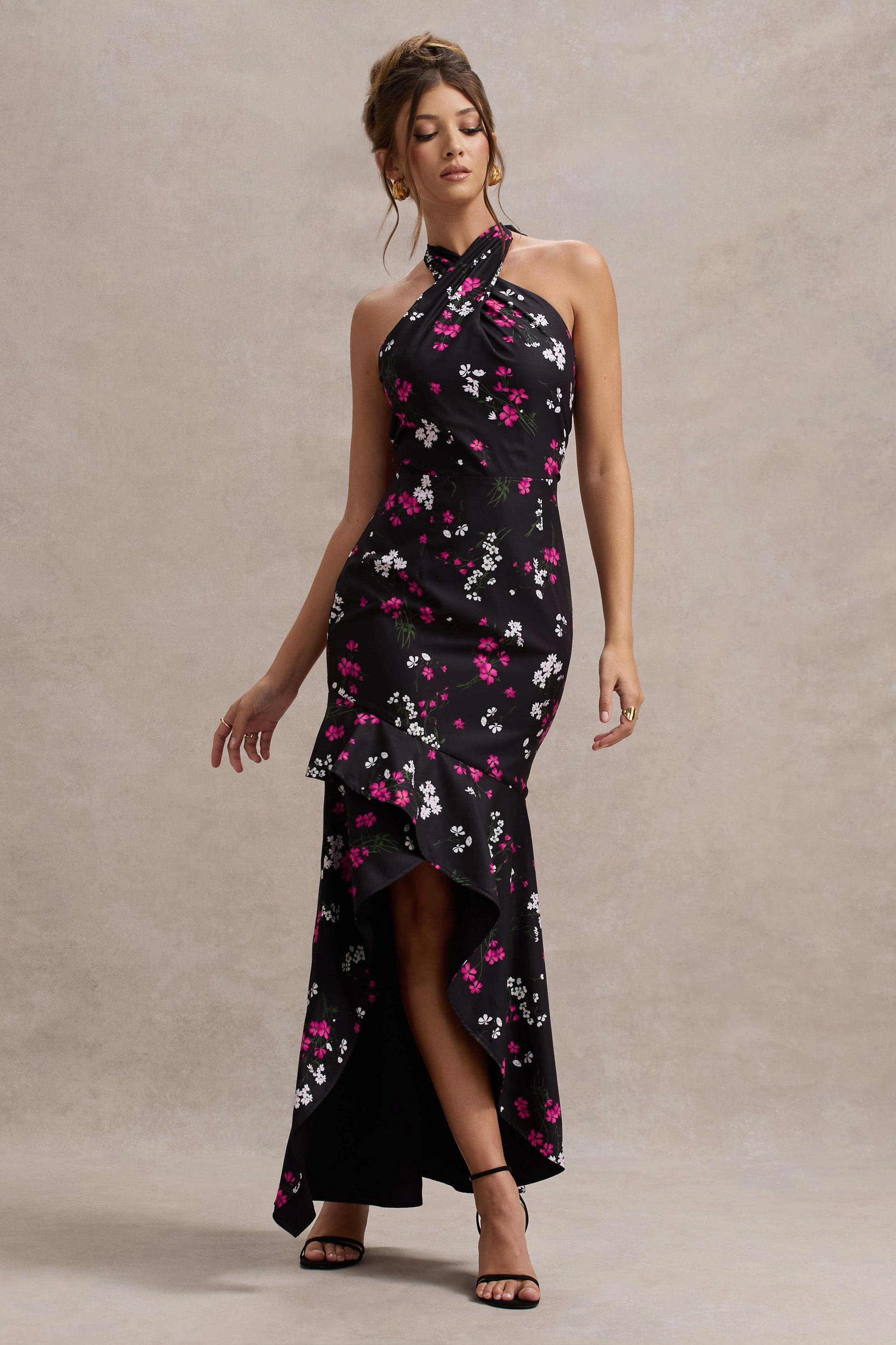 Melodia Black Ditsy Floral Print Satin Halter-Neck Ruffled Maxi Dress