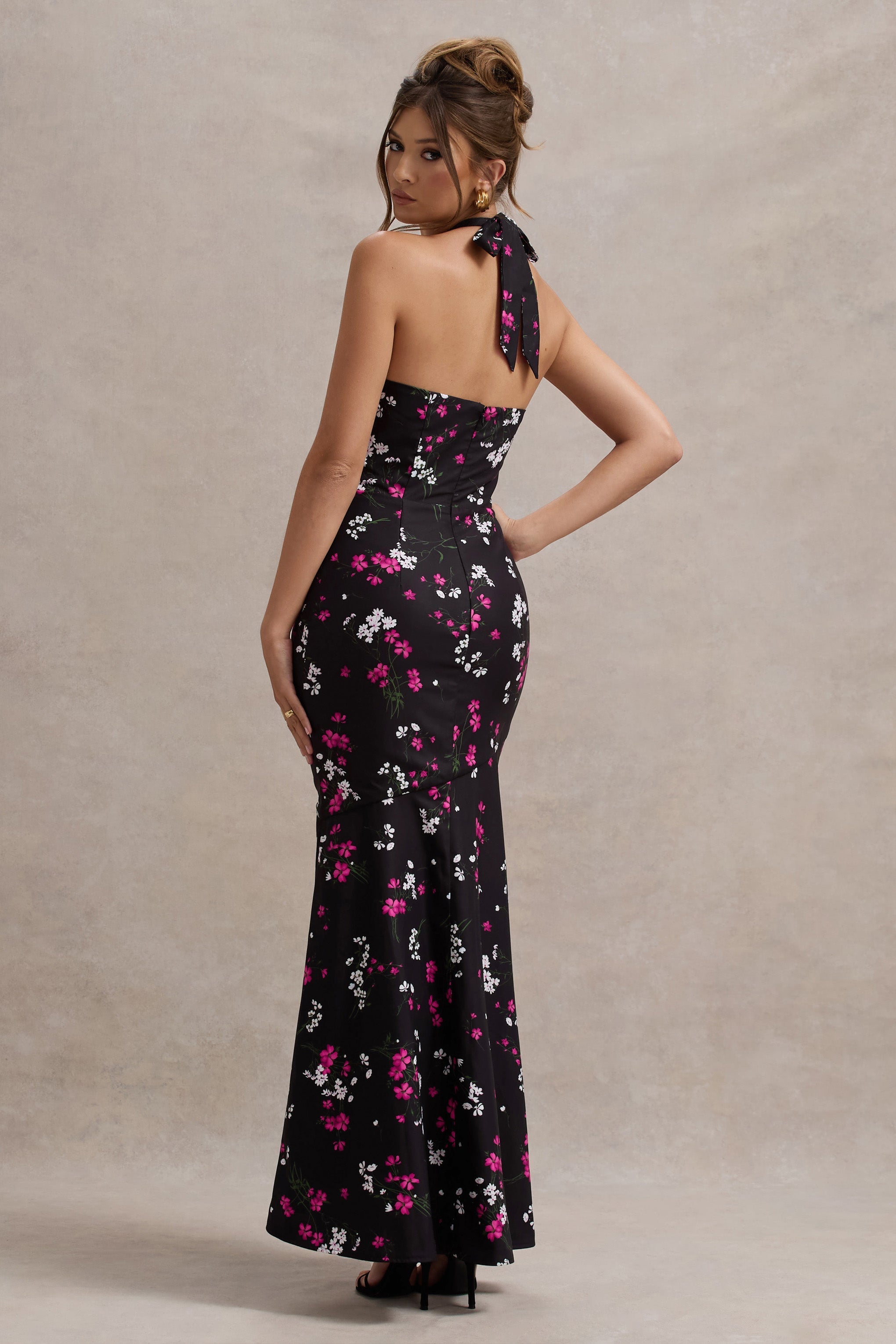 Melodia Black Ditsy Floral Print Satin Halter-Neck Ruffled Maxi Dress