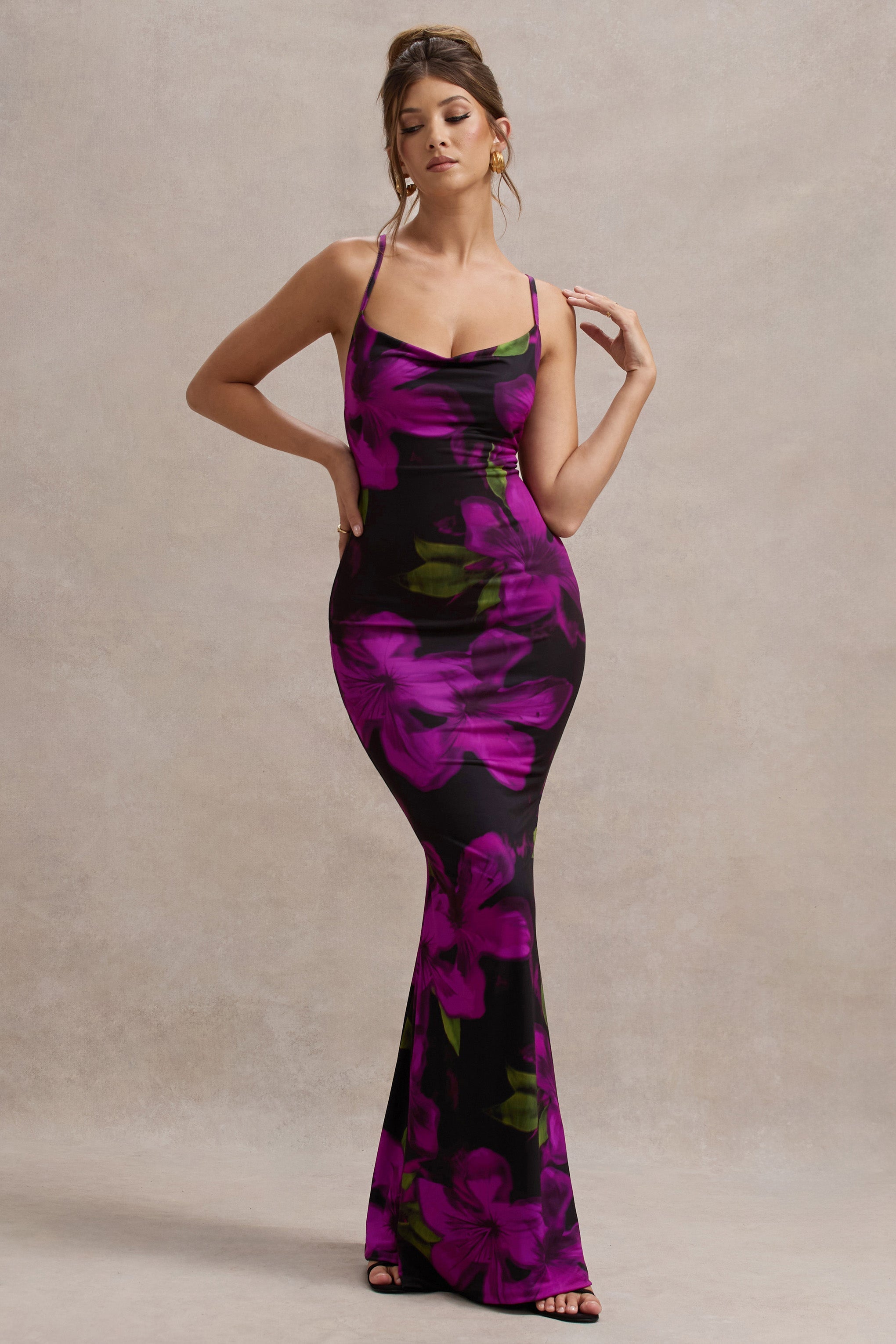 Lotus Purple Floral Print Cowl-Neck Maxi Dress
