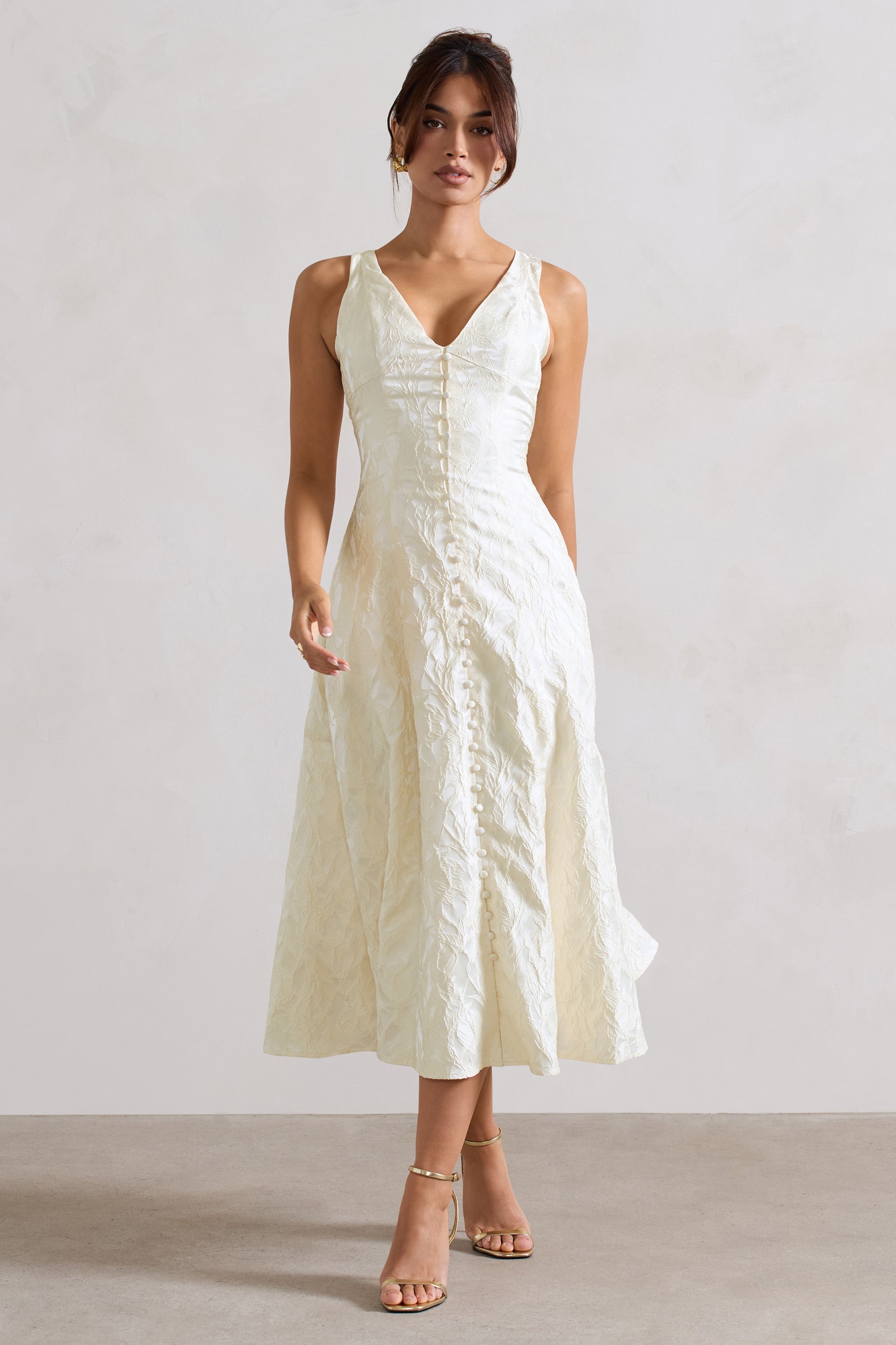 Mona Ecru Jacquard Plunge-Neck Button Midi Dress