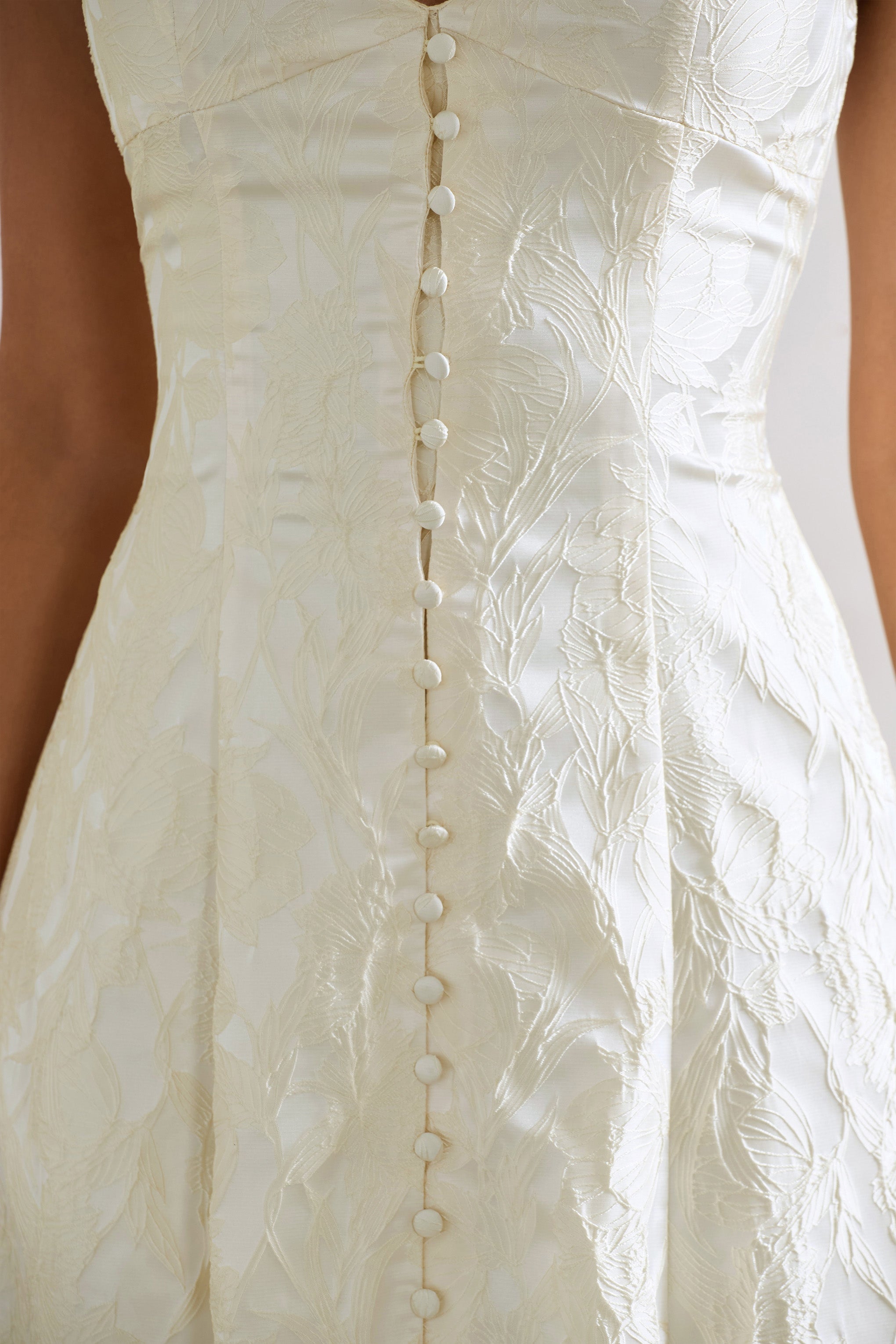 Mona Ecru Jacquard Plunge-Neck Button Midi Dress