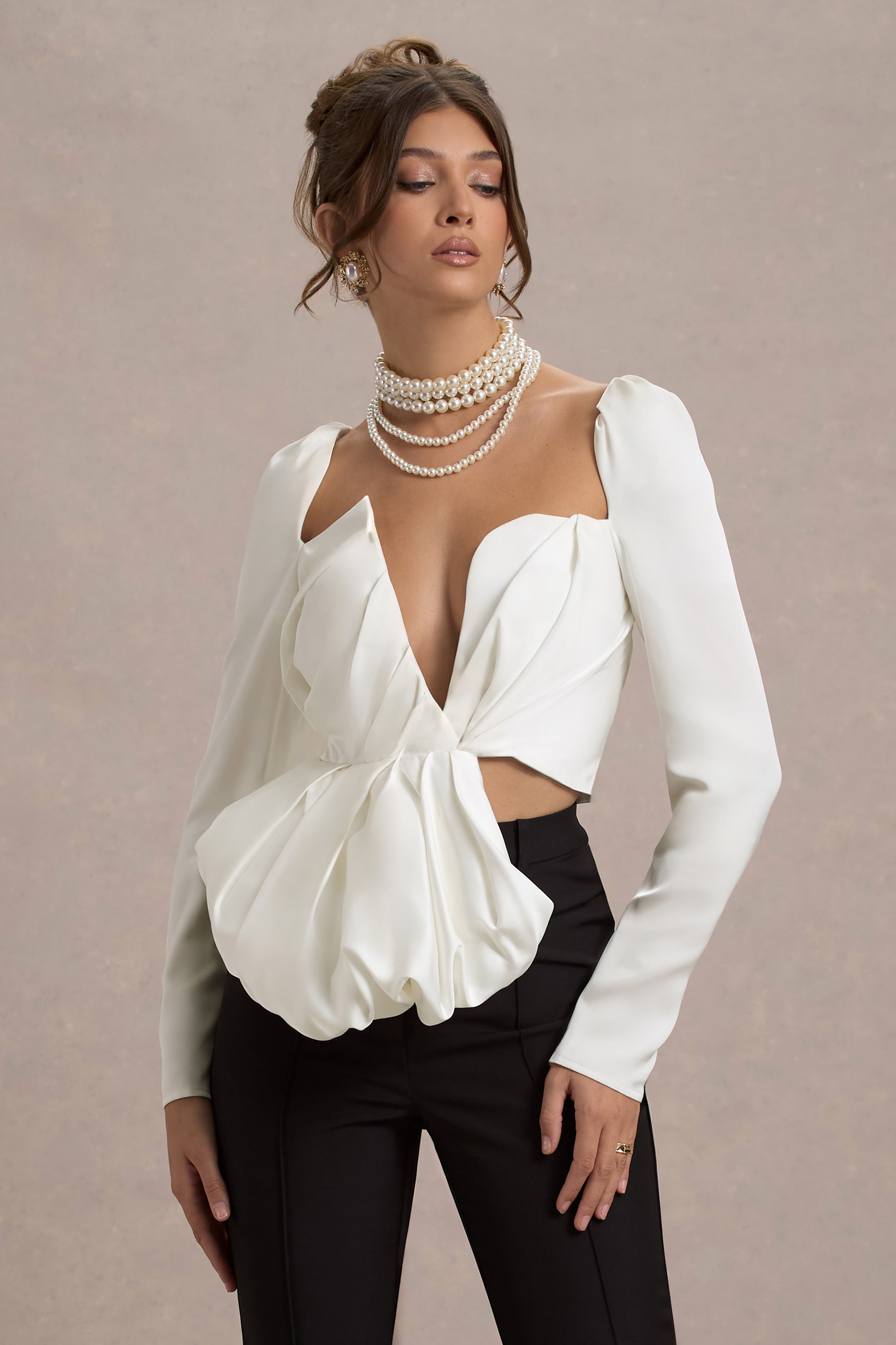 Bensley Ecru Satin Asymmetric Plunge-Neck Top With Ruffle