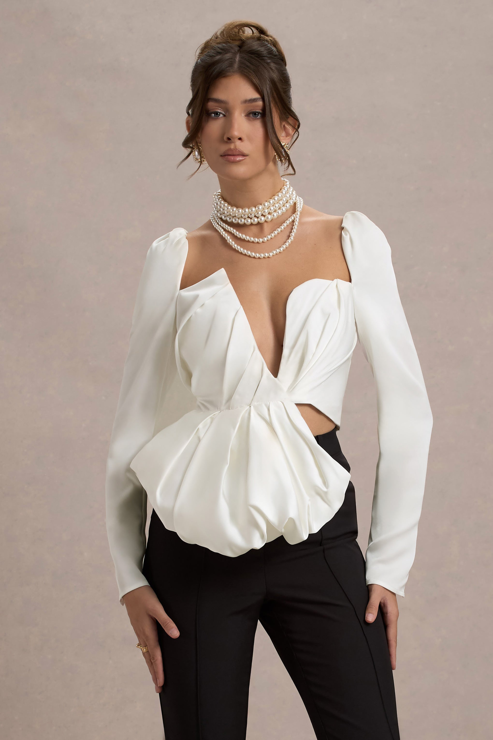 Bensley Ecru Satin Asymmetric Plunge-Neck Top With Ruffle