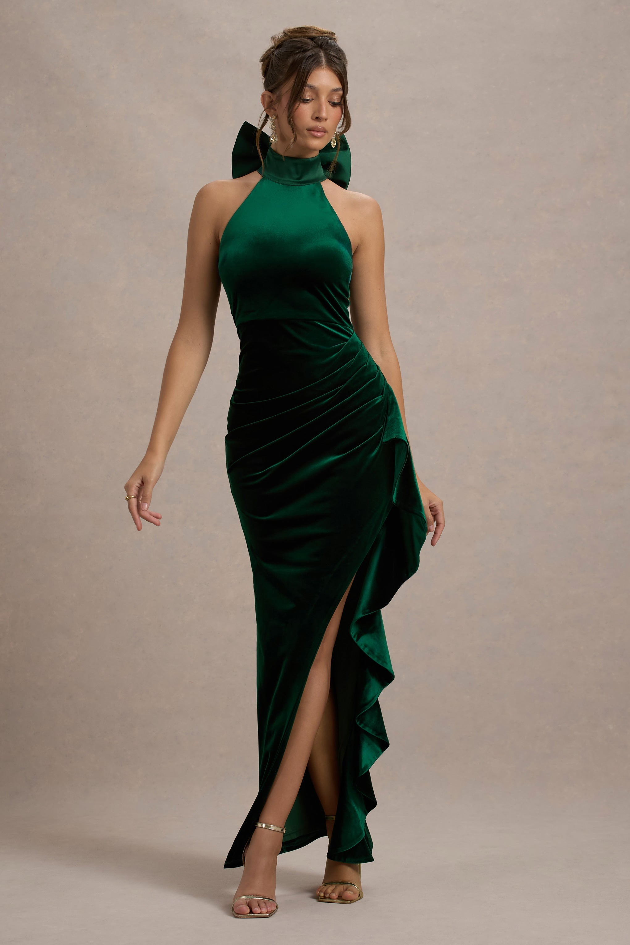 Janiya Green Velvet High-Neck Ruffled Split Maxi Dress