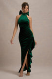 Janiya Green Velvet High-Neck Ruffled Split Maxi Dress
