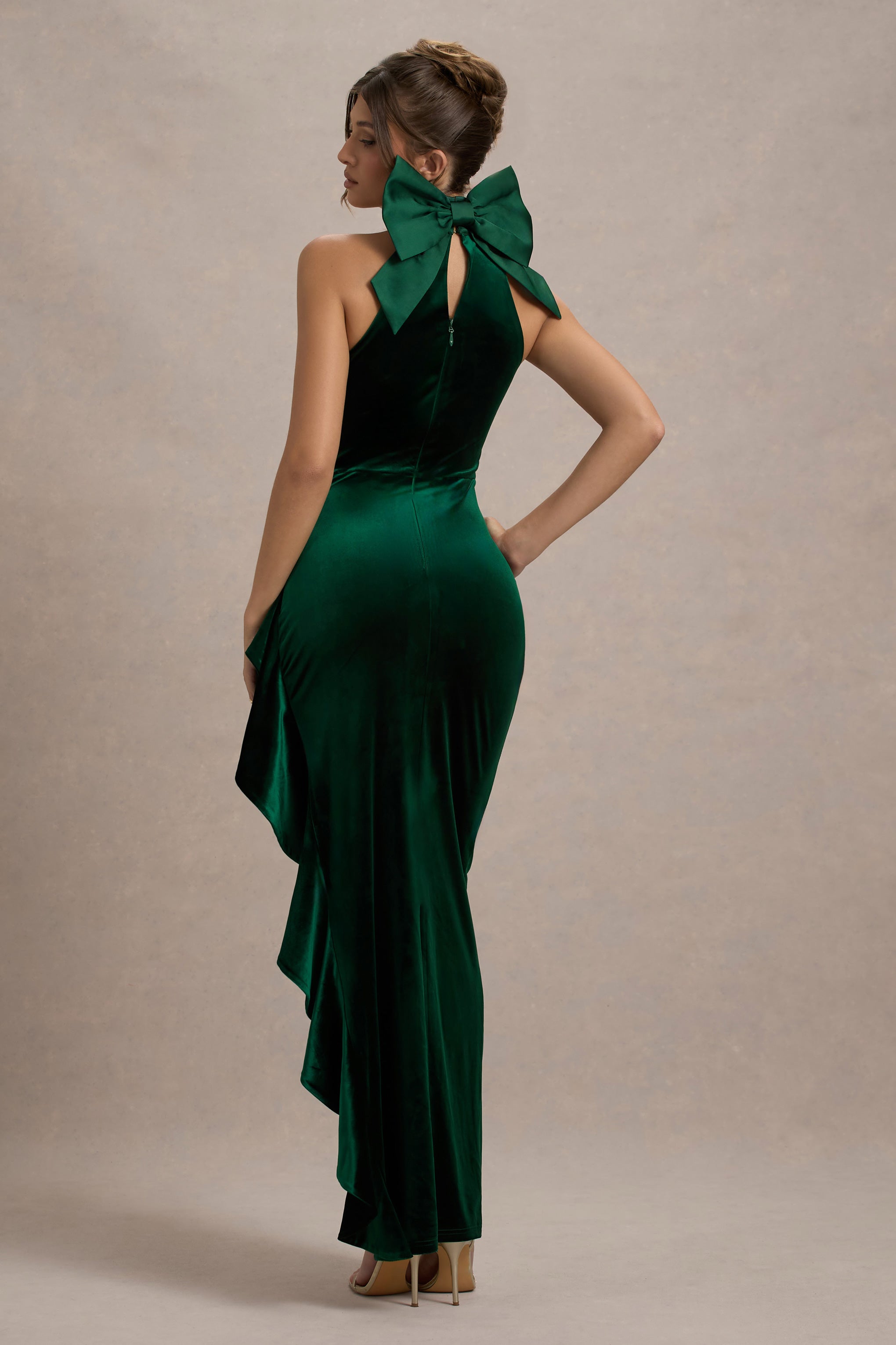 Janiya Green Velvet High-Neck Ruffled Split Maxi Dress