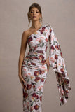 Clementina Cream Floral Print Asymmetric Cape Sleeve Maxi Dress