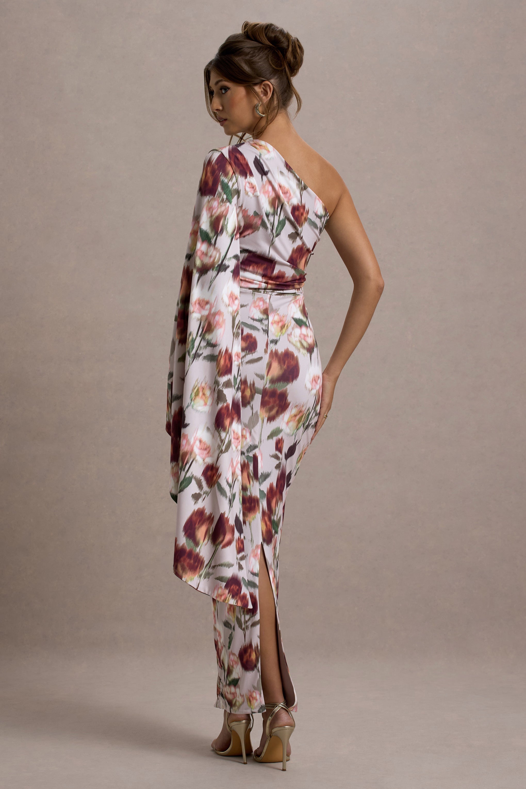 Clementina Cream Floral Print Asymmetric Cape Sleeve Maxi Dress