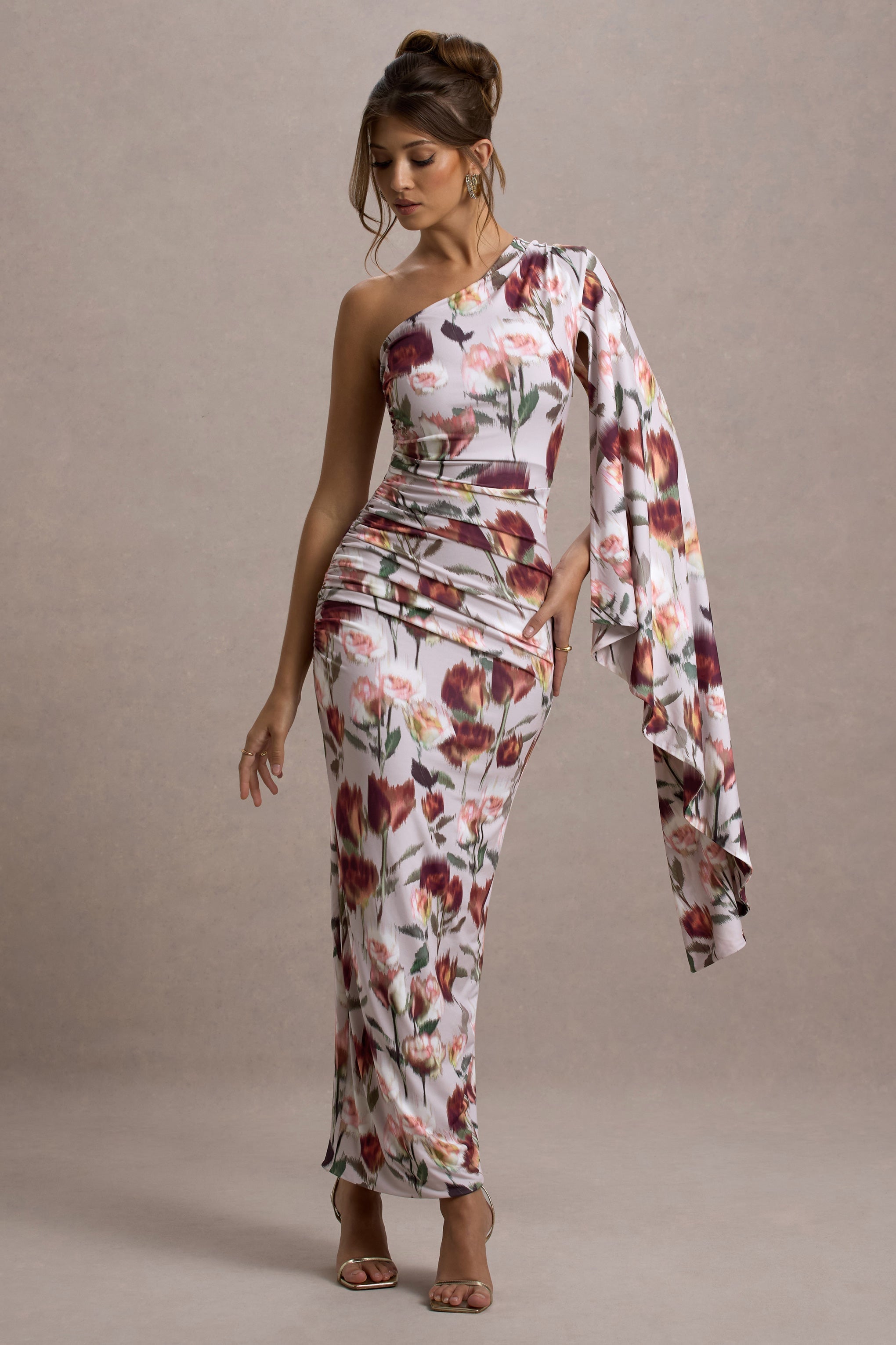 Clementina Cream Floral Print Asymmetric Cape Sleeve Maxi Dress