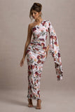 Clementina Cream Floral Print Asymmetric Cape Sleeve Maxi Dress