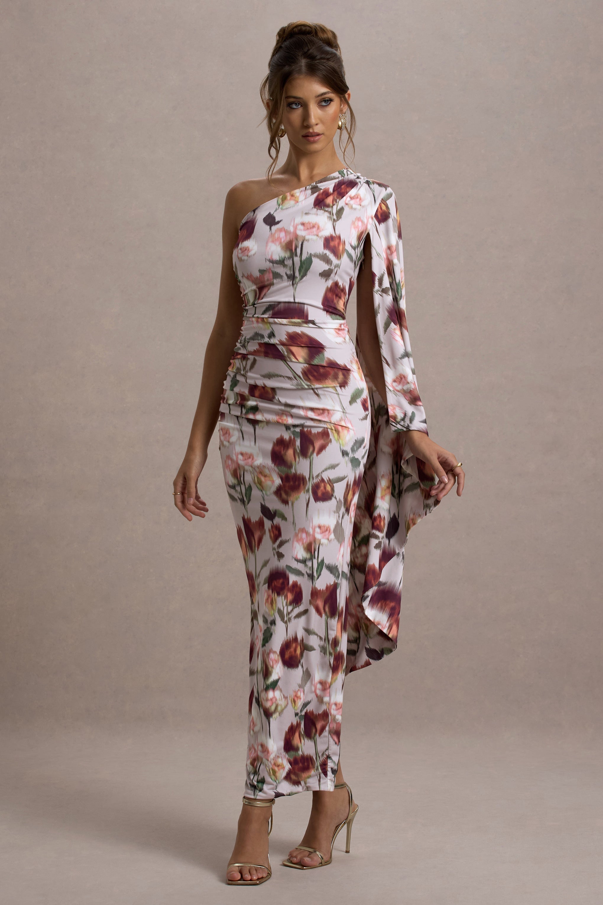 Clementina Cream Floral Print Asymmetric Cape Sleeve Maxi Dress