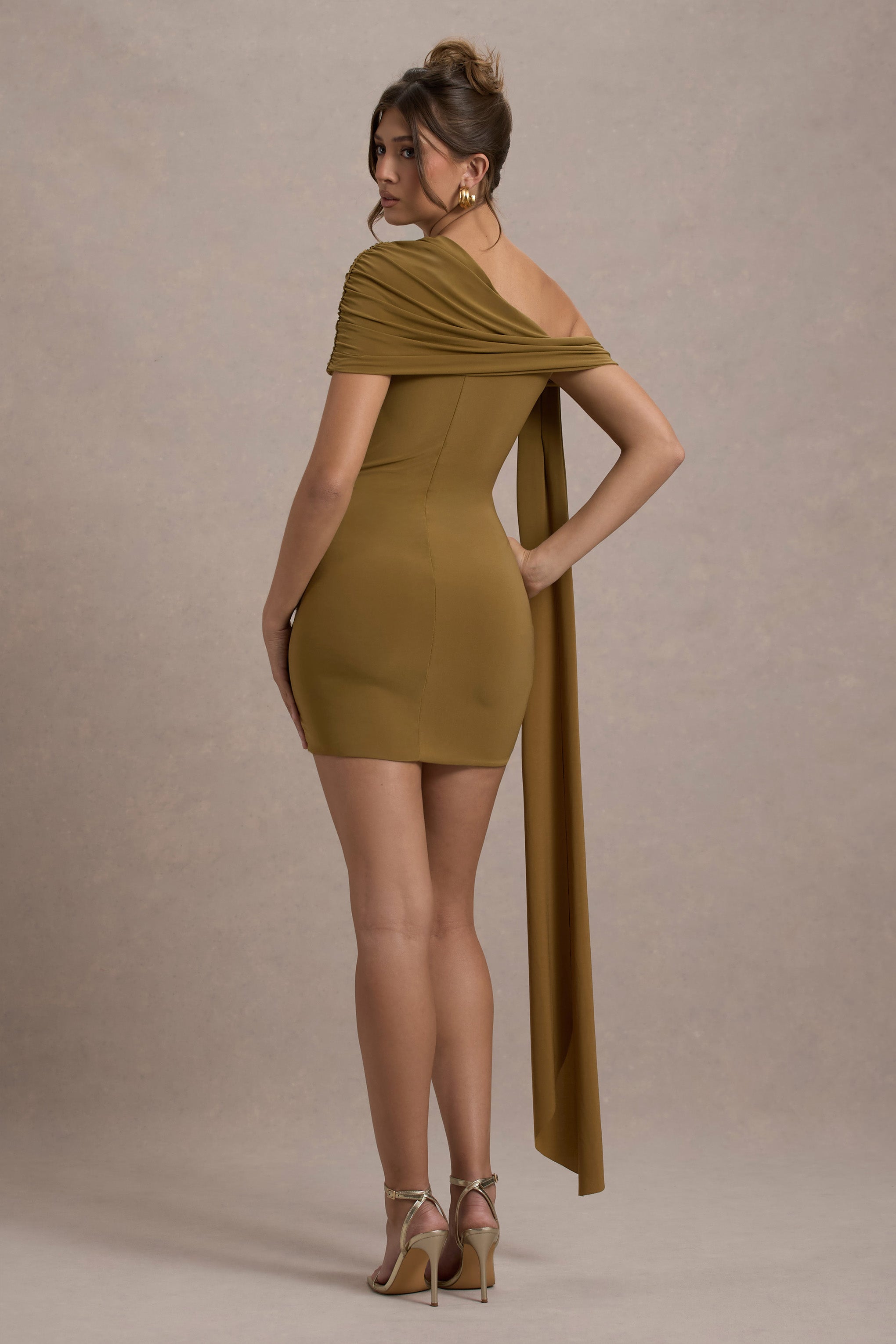 Alessio Mustard One-Shoulder Mini Dress With Drape