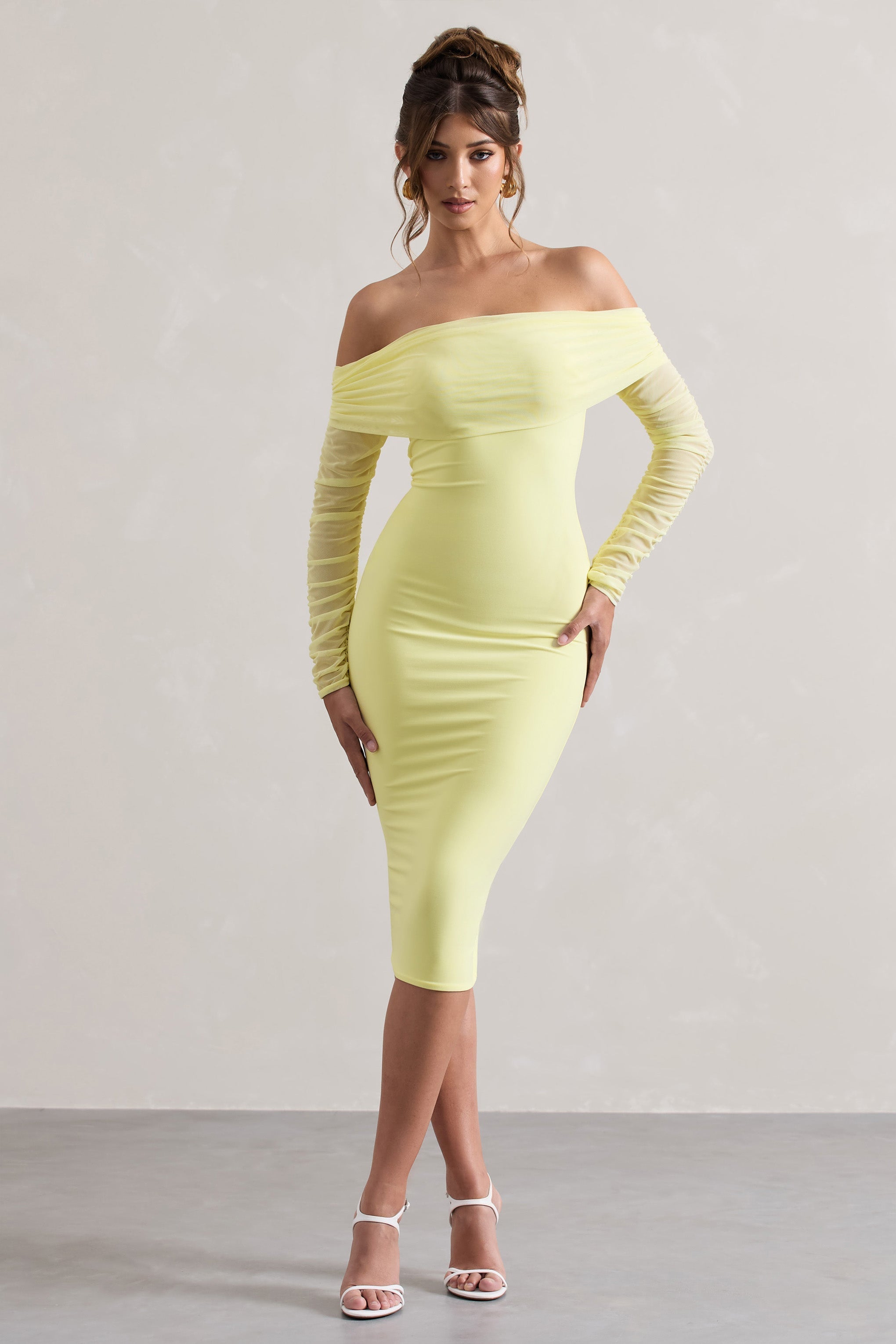 Only You Lemon Ruched Mesh Bardot Midi Dress