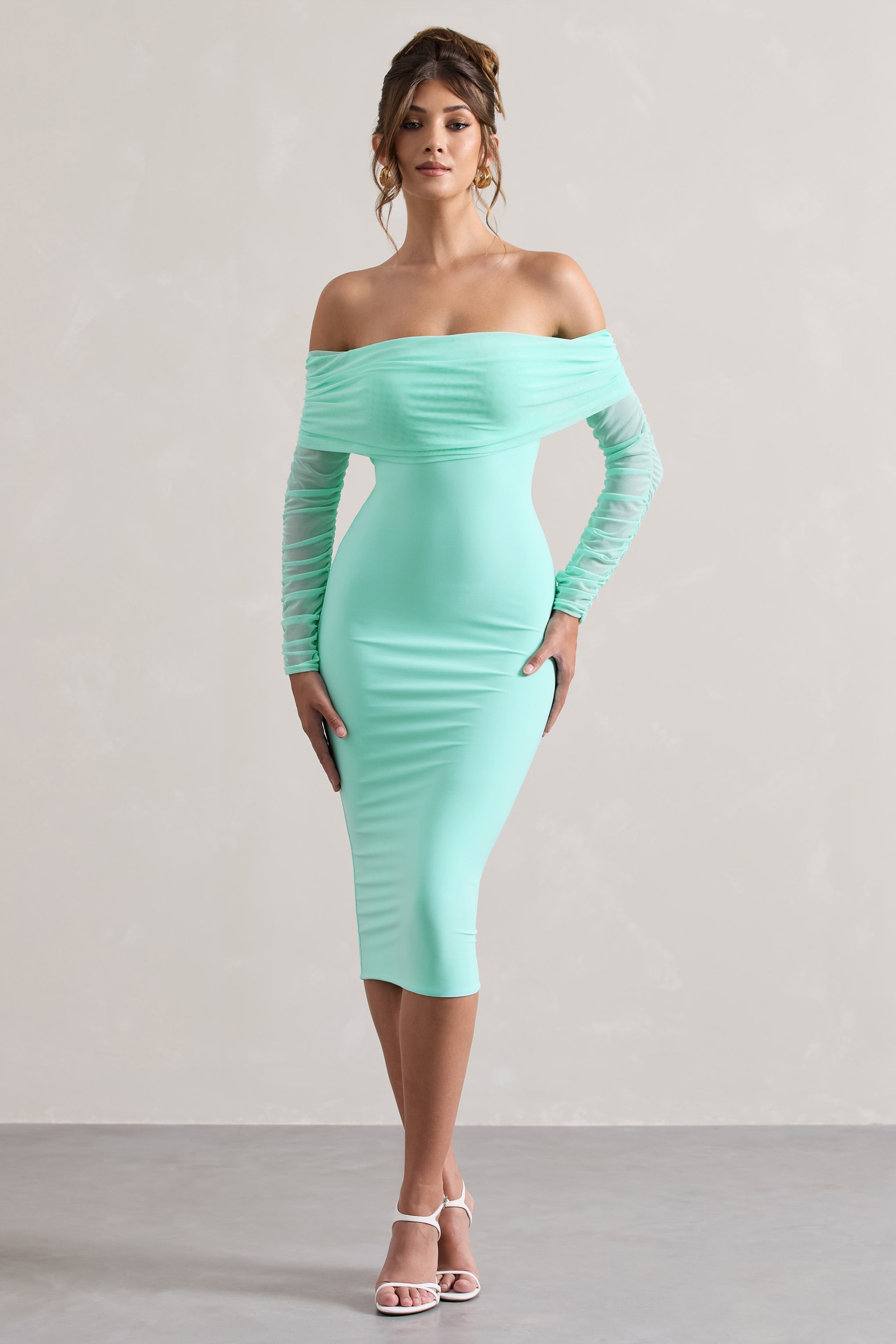 Only You Mint Ruched Mesh Bardot Midi Dress