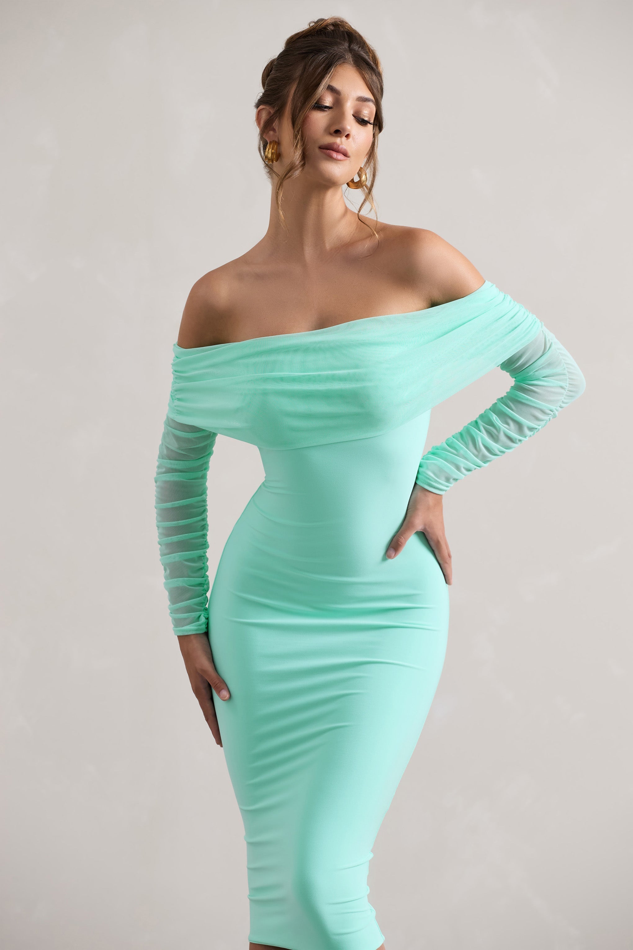 Only You Mint Ruched Mesh Bardot Midi Dress