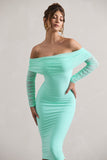 Only You Mint Ruched Mesh Bardot Midi Dress