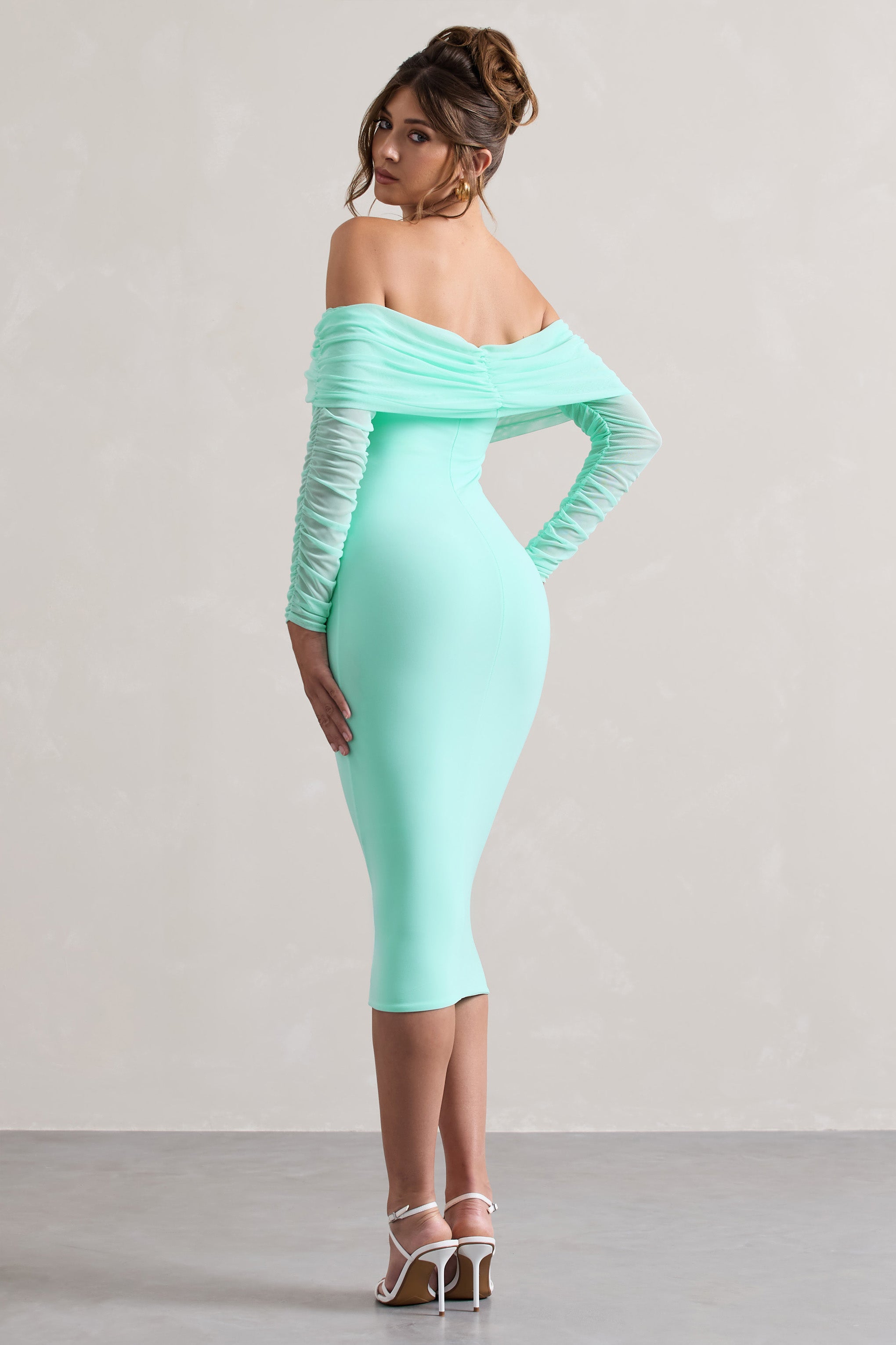 Only You Mint Ruched Mesh Bardot Midi Dress