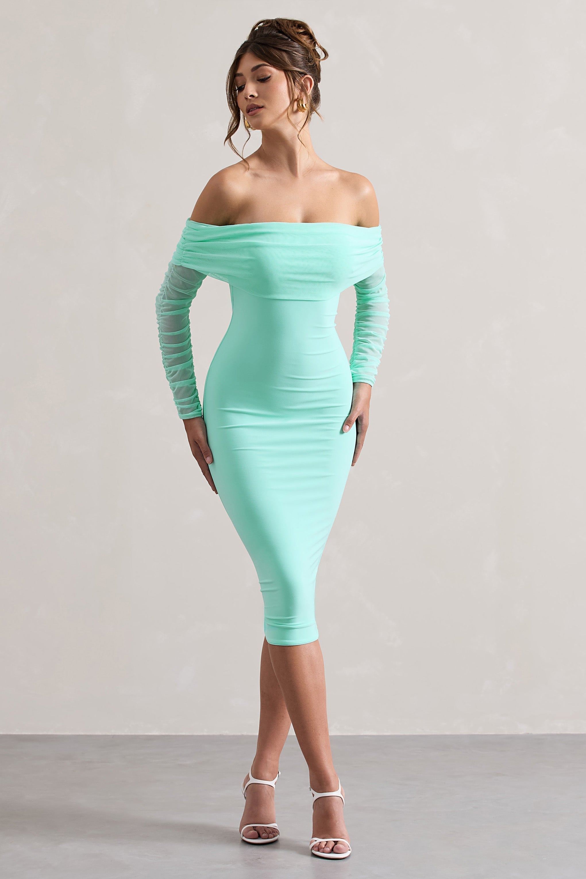 Only You Mint Ruched Mesh Bardot Midi Dress