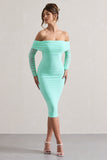 Only You Mint Ruched Mesh Bardot Midi Dress