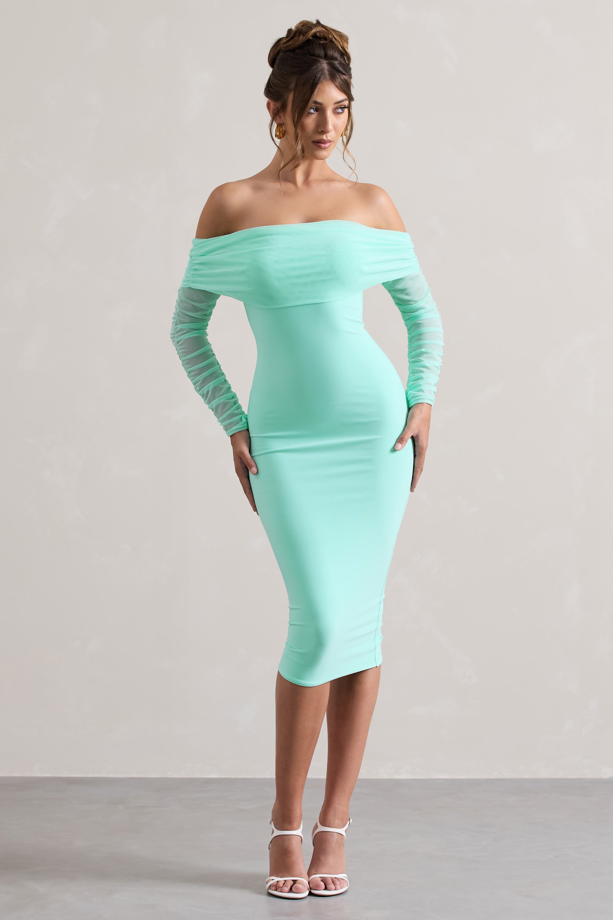 Only You Mint Ruched Mesh Bardot Midi Dress