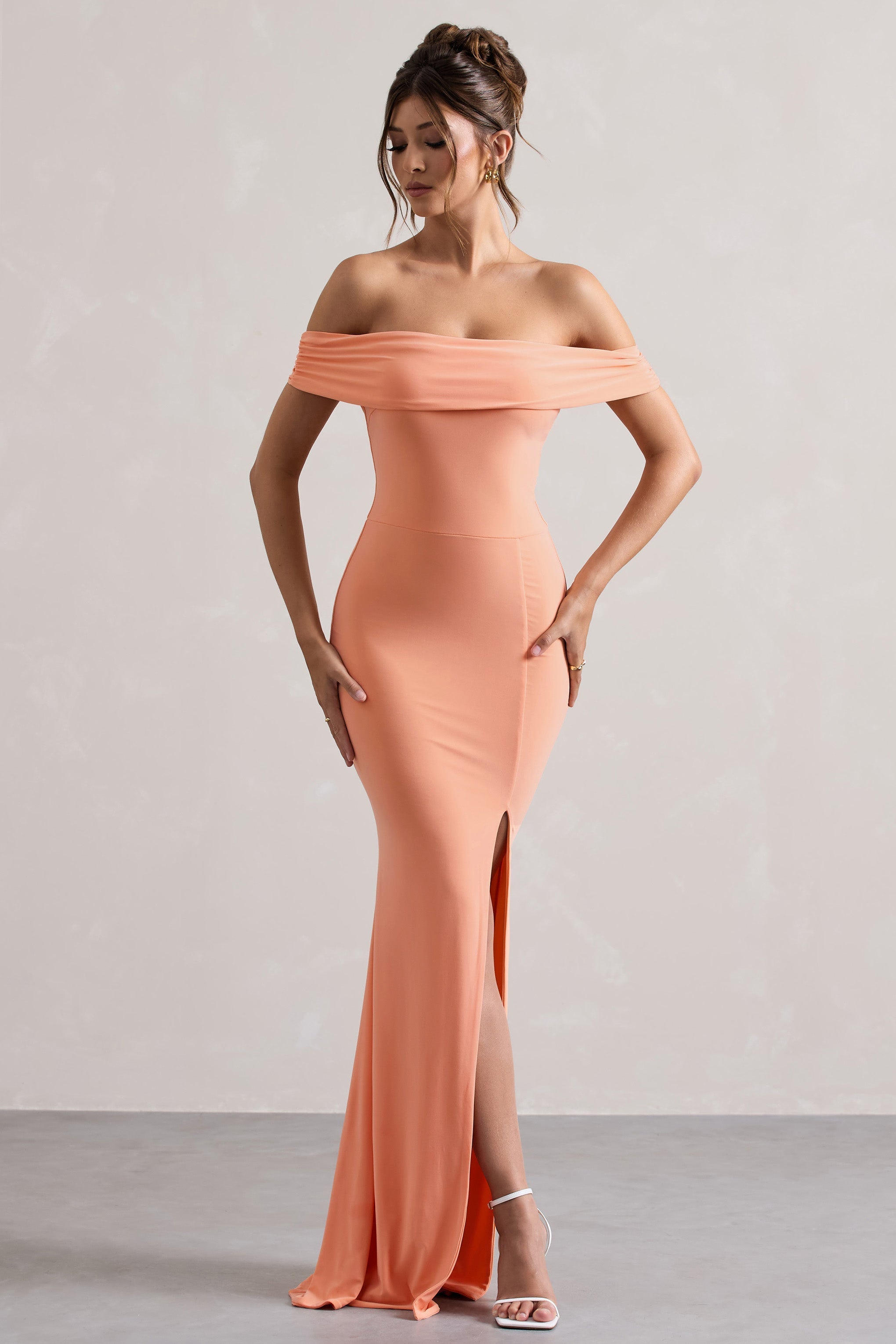 Law of Attraction Coral Bardot Draped Split Maxi Dress