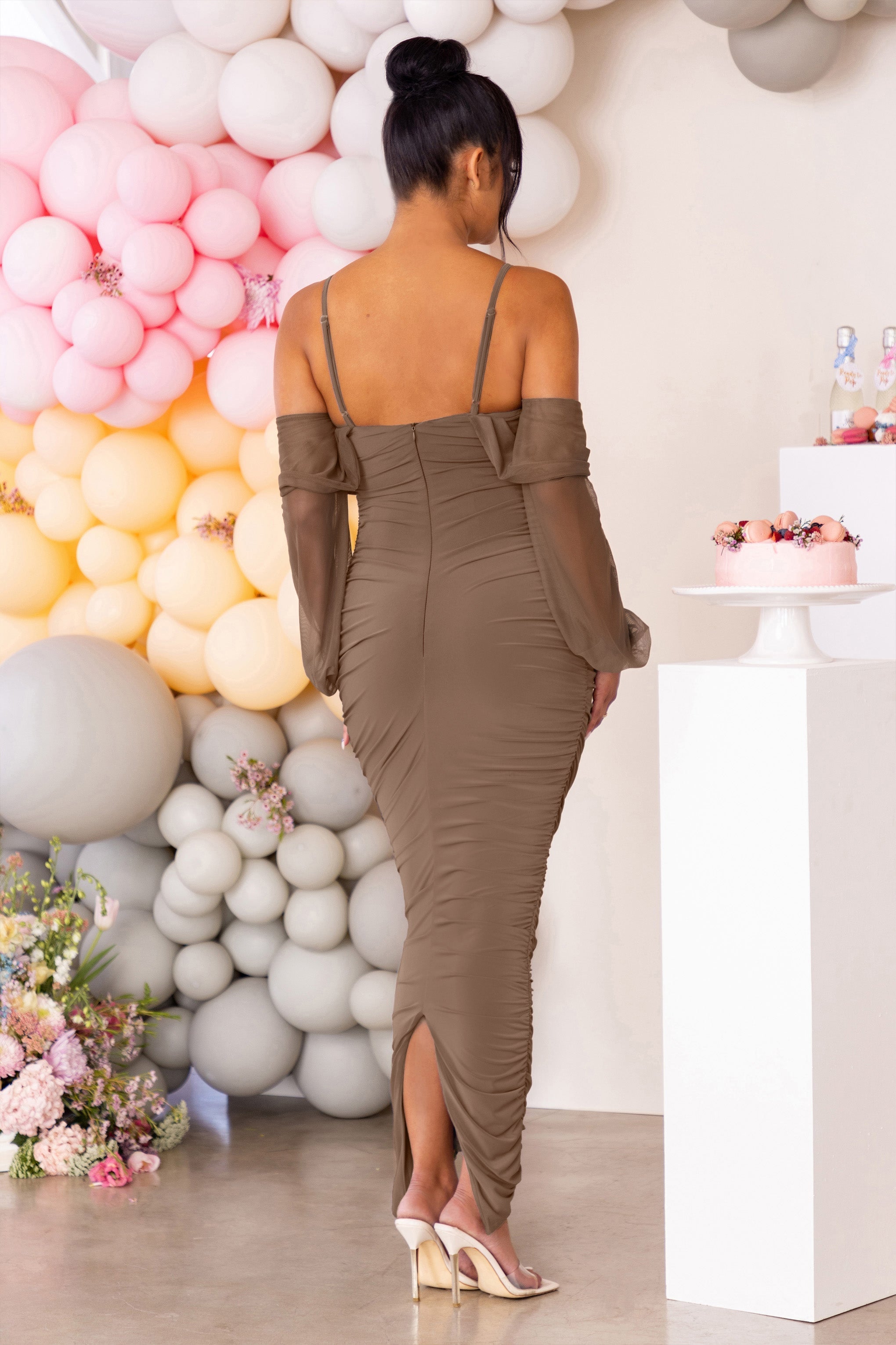 Announcement Mocha Maternity Bardot Ruched Maxi Dress