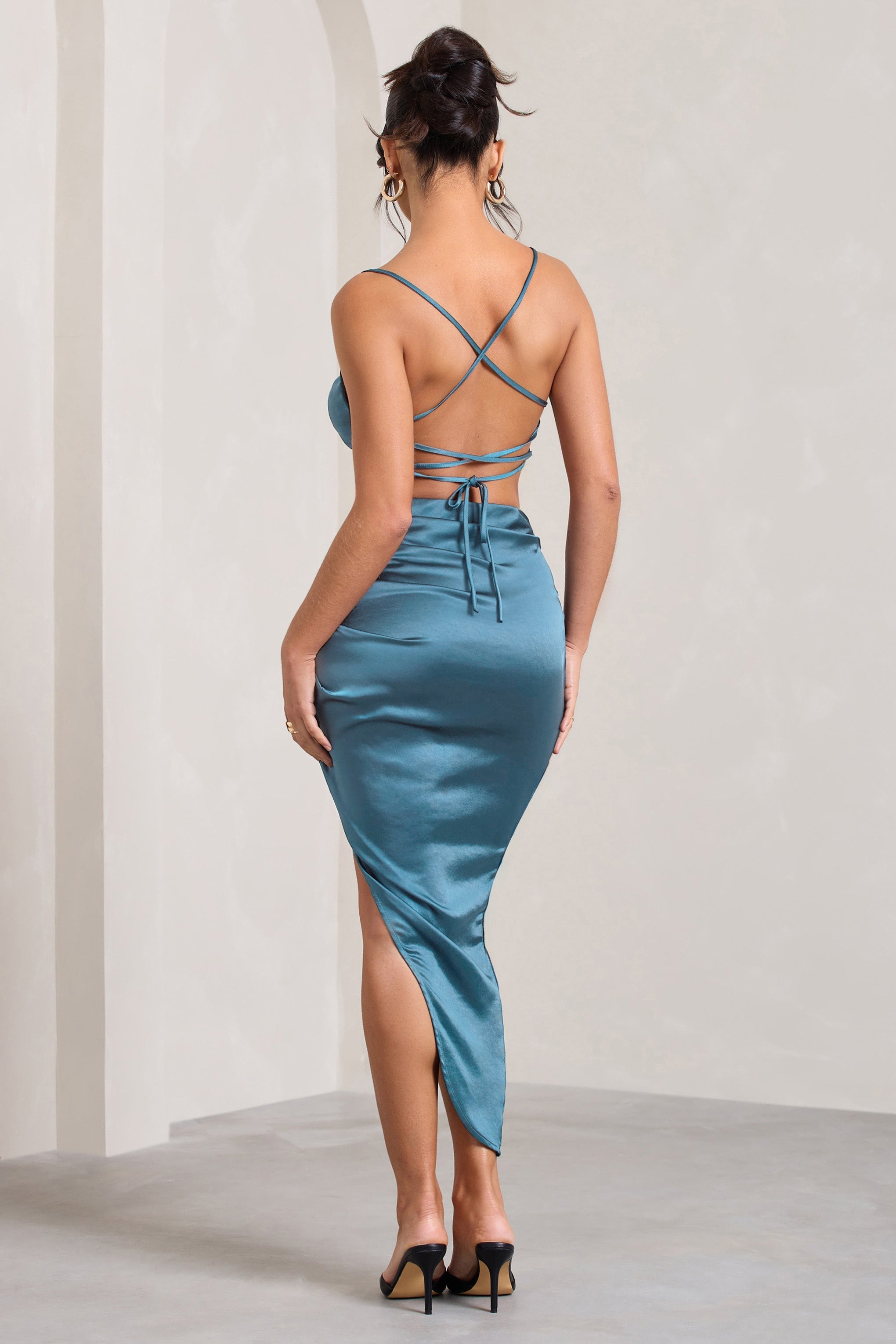 Risk It All Blue Cami Cowl Neck Asymmetric Hem Midi Dress