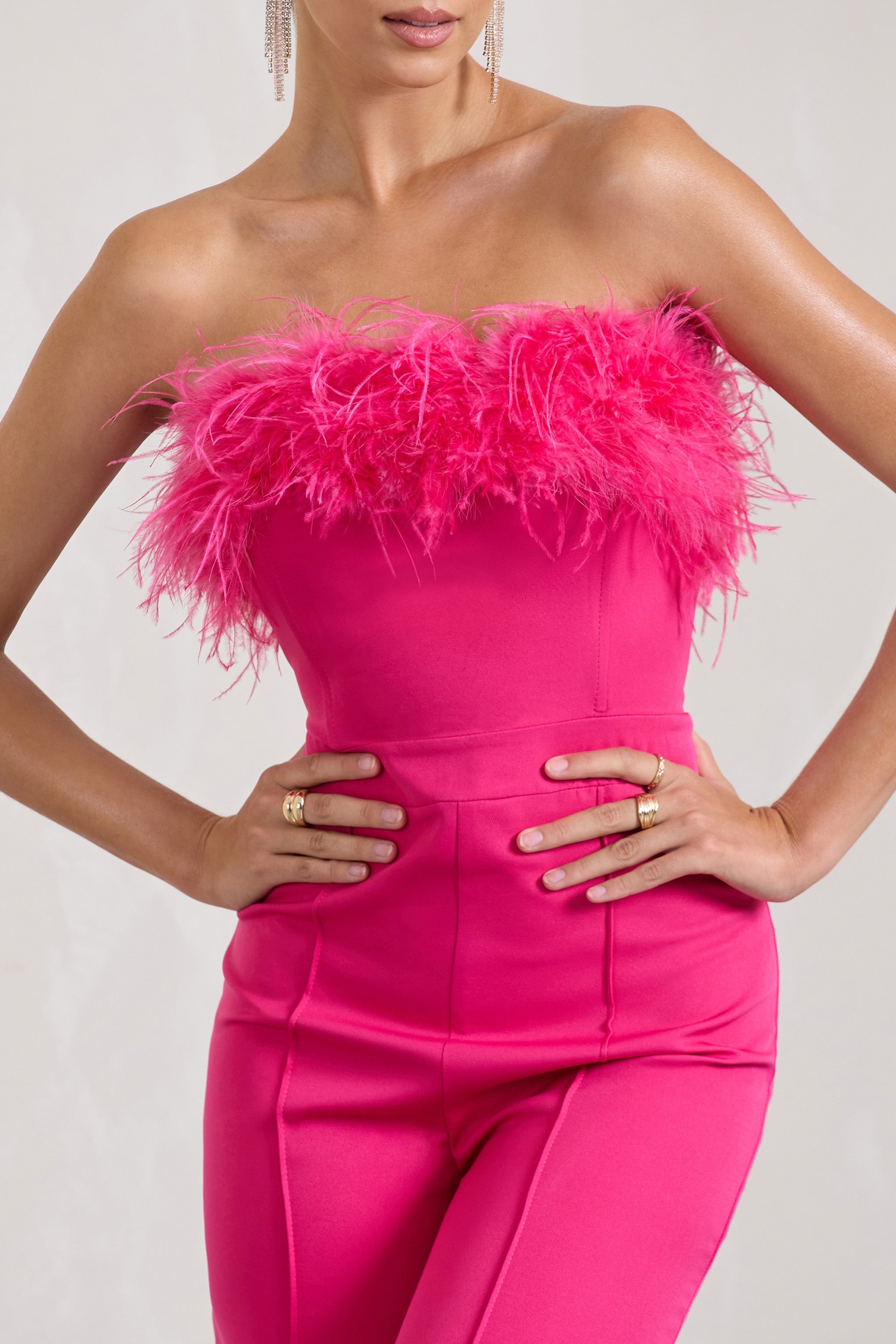 First Class Hot Pink Bandeau Feather Wide Leg Jumpsuit