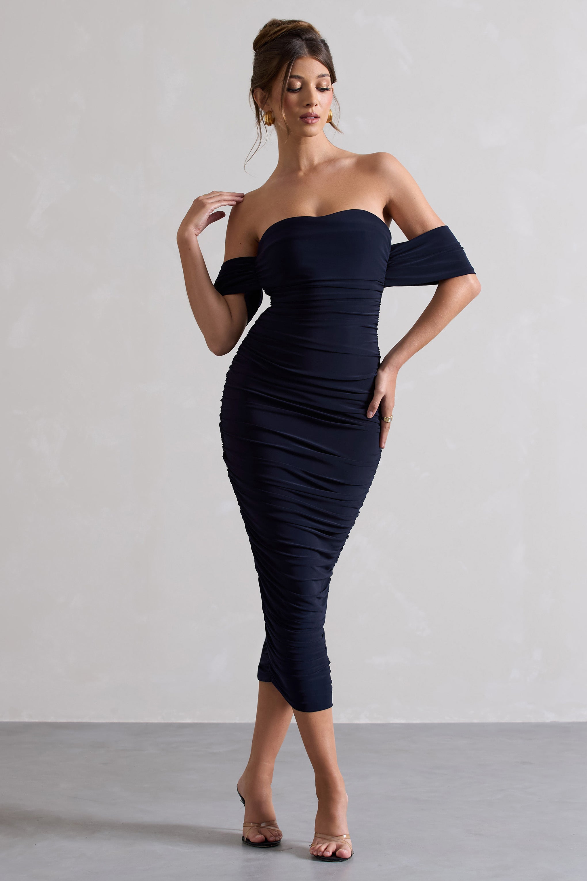 Lost For Words Navy Bardot Ruched Draped Midi Dress